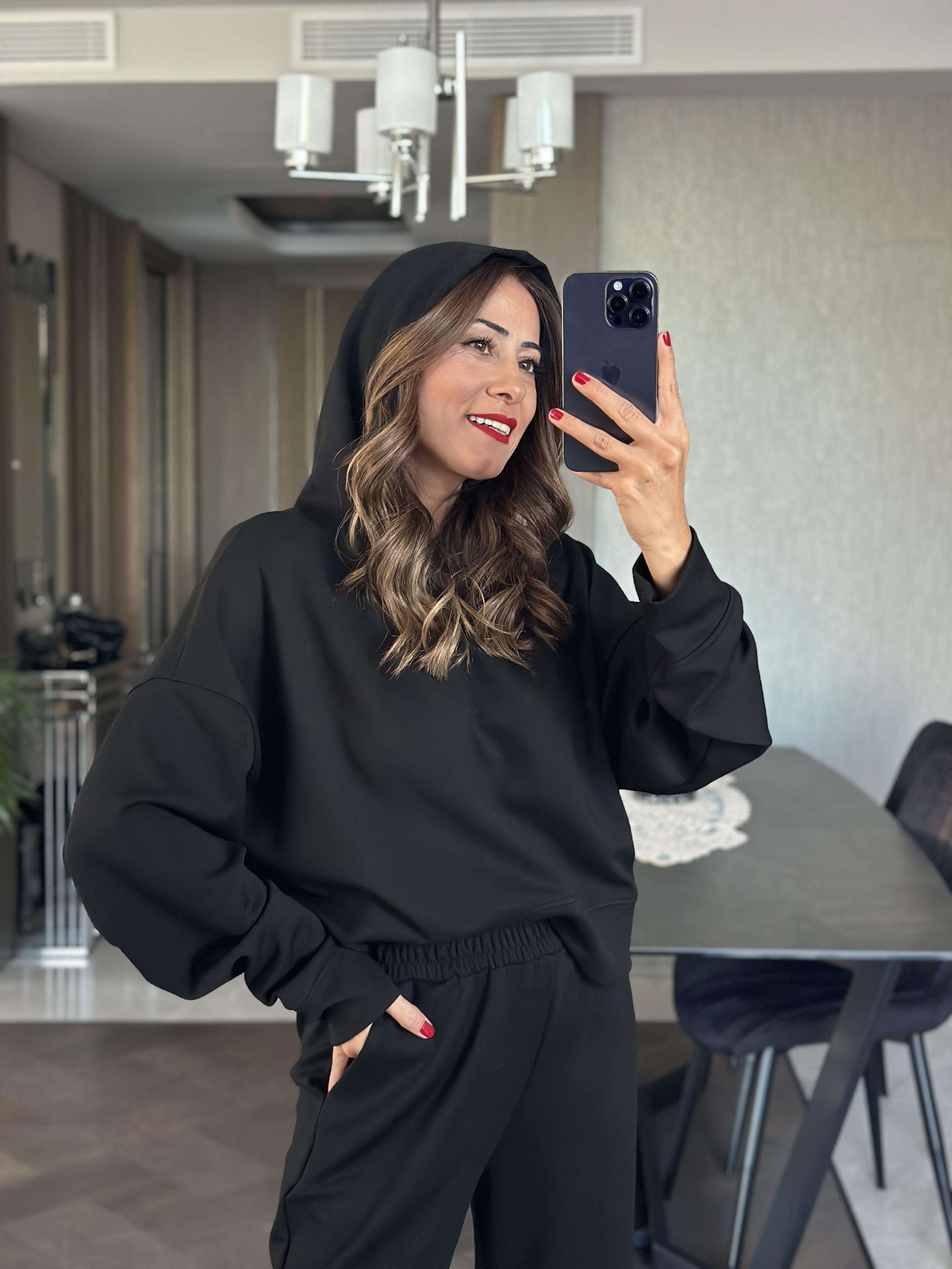 Siyah Kapüşonlu Modal Kadın İkili Takım