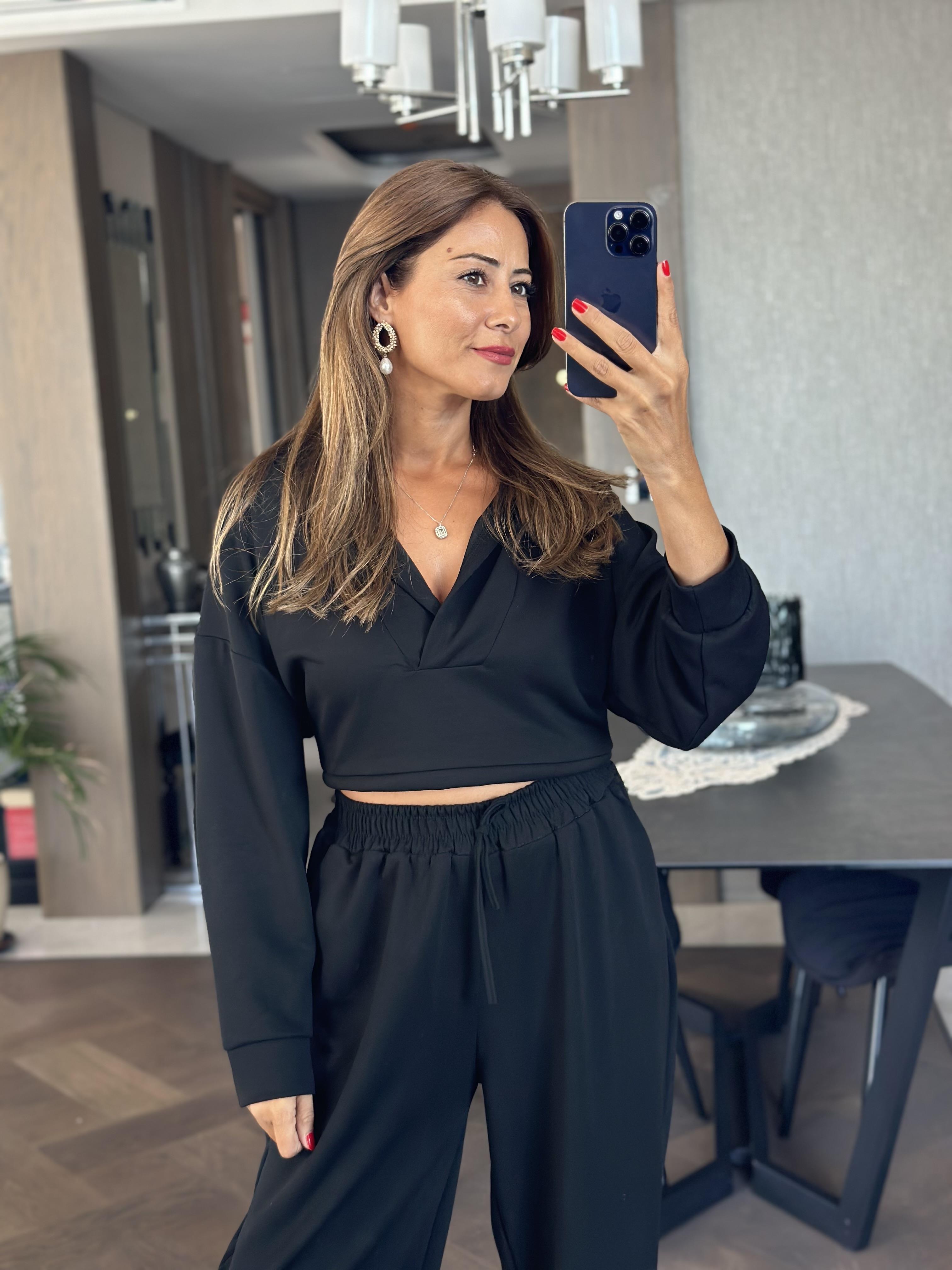 Siyah Kapüşonlu Sweat Düz Paça Pantolon Kadın İkili Takım