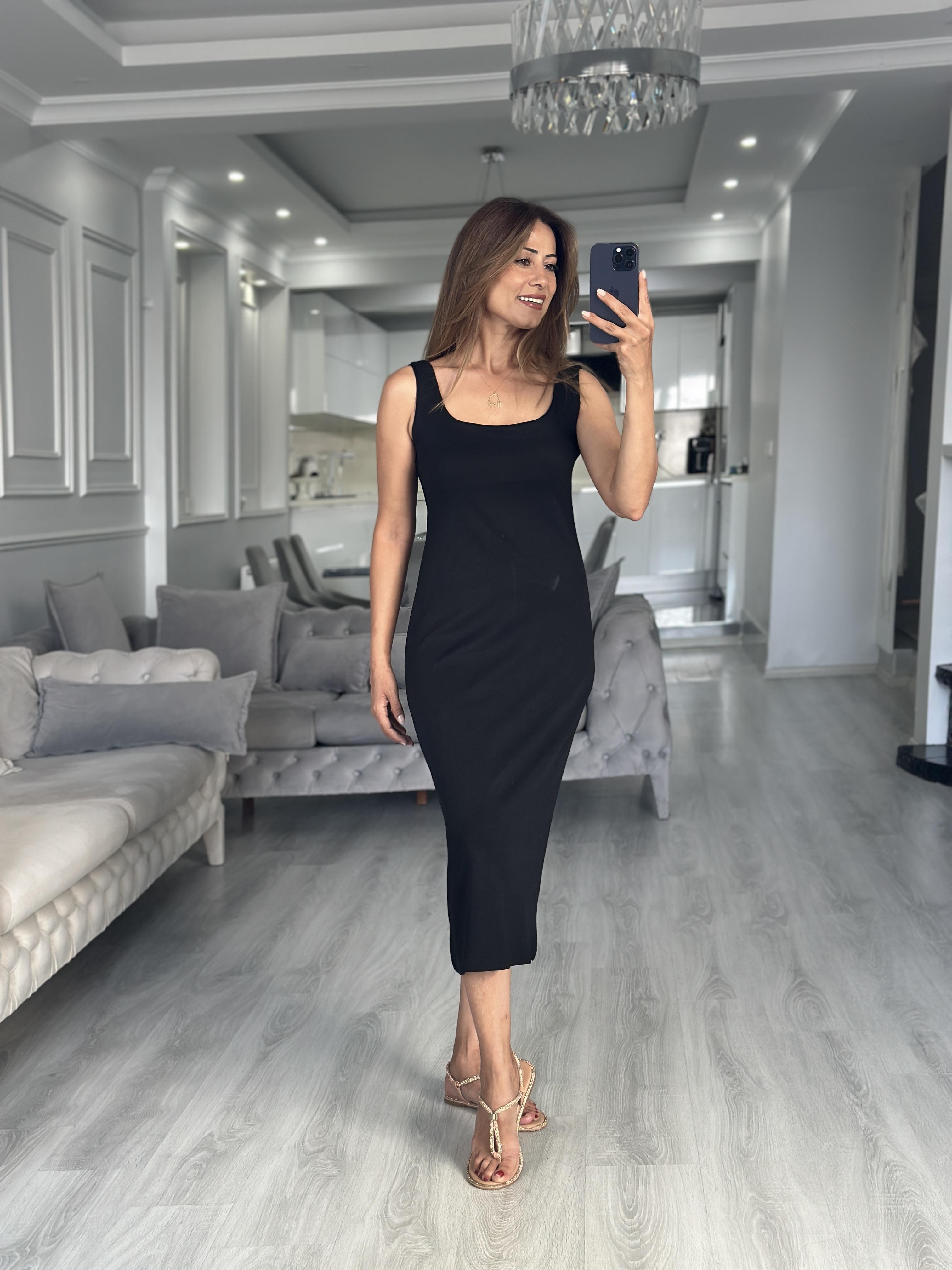 Siyah Kare Yaka Düz Basic Midi Boy Kadın Elbise 