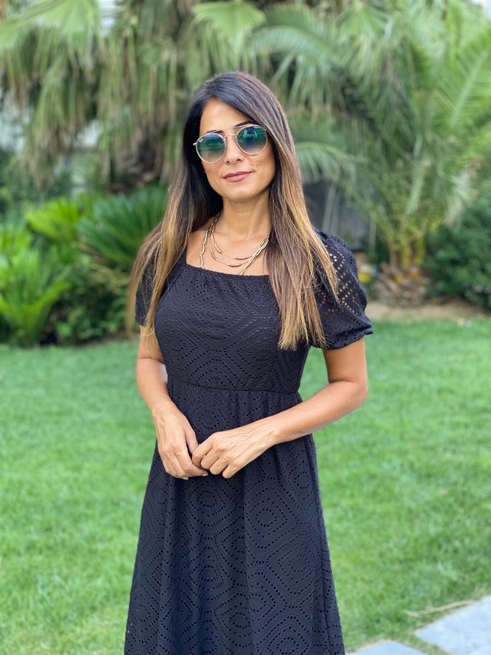 Siyah Kare Yaka Kısa Kol Örme Brode Kadın Elbise