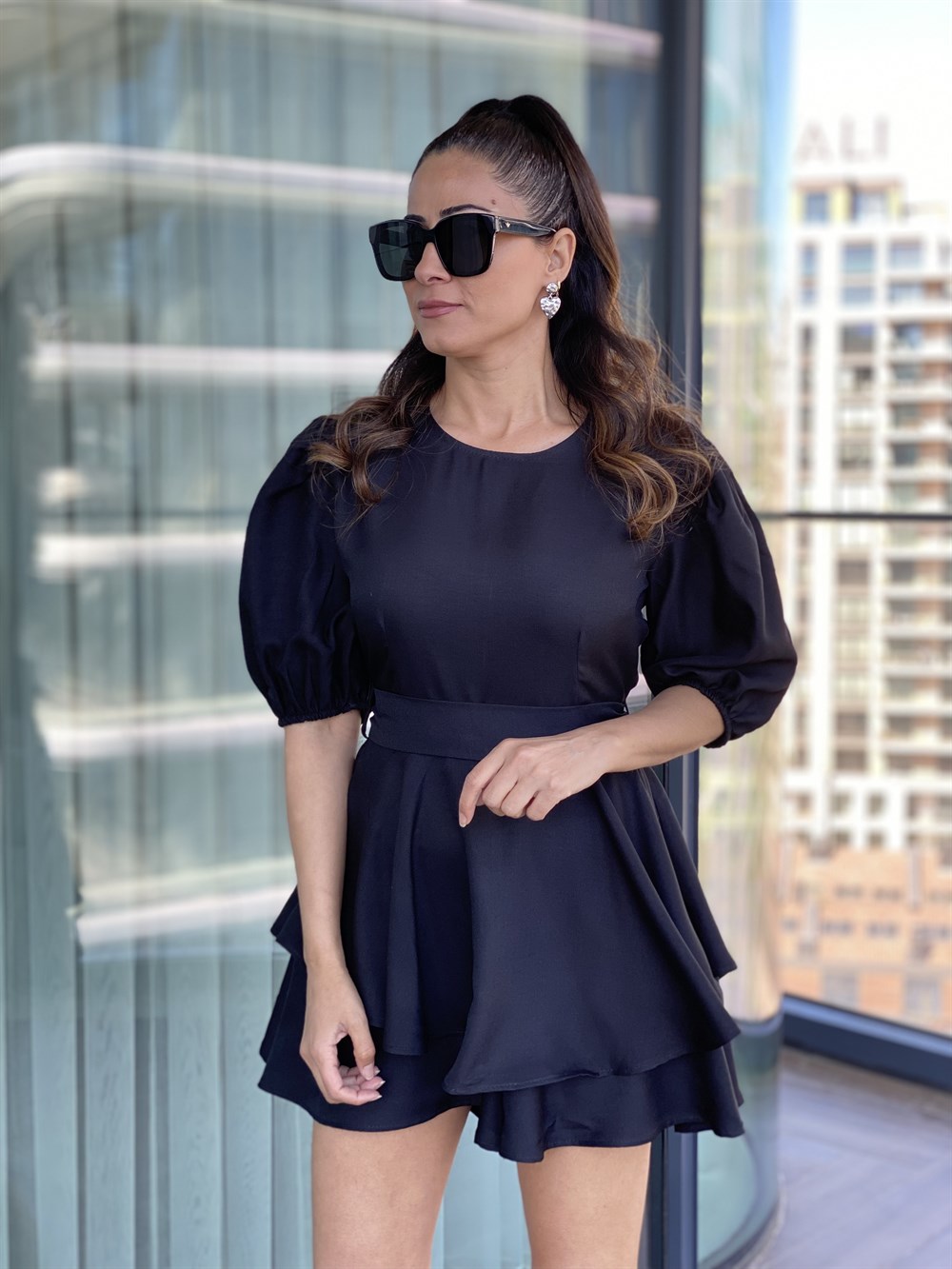 Siyah Karpuz Kol Kuşaklı Şort Etek Elbise