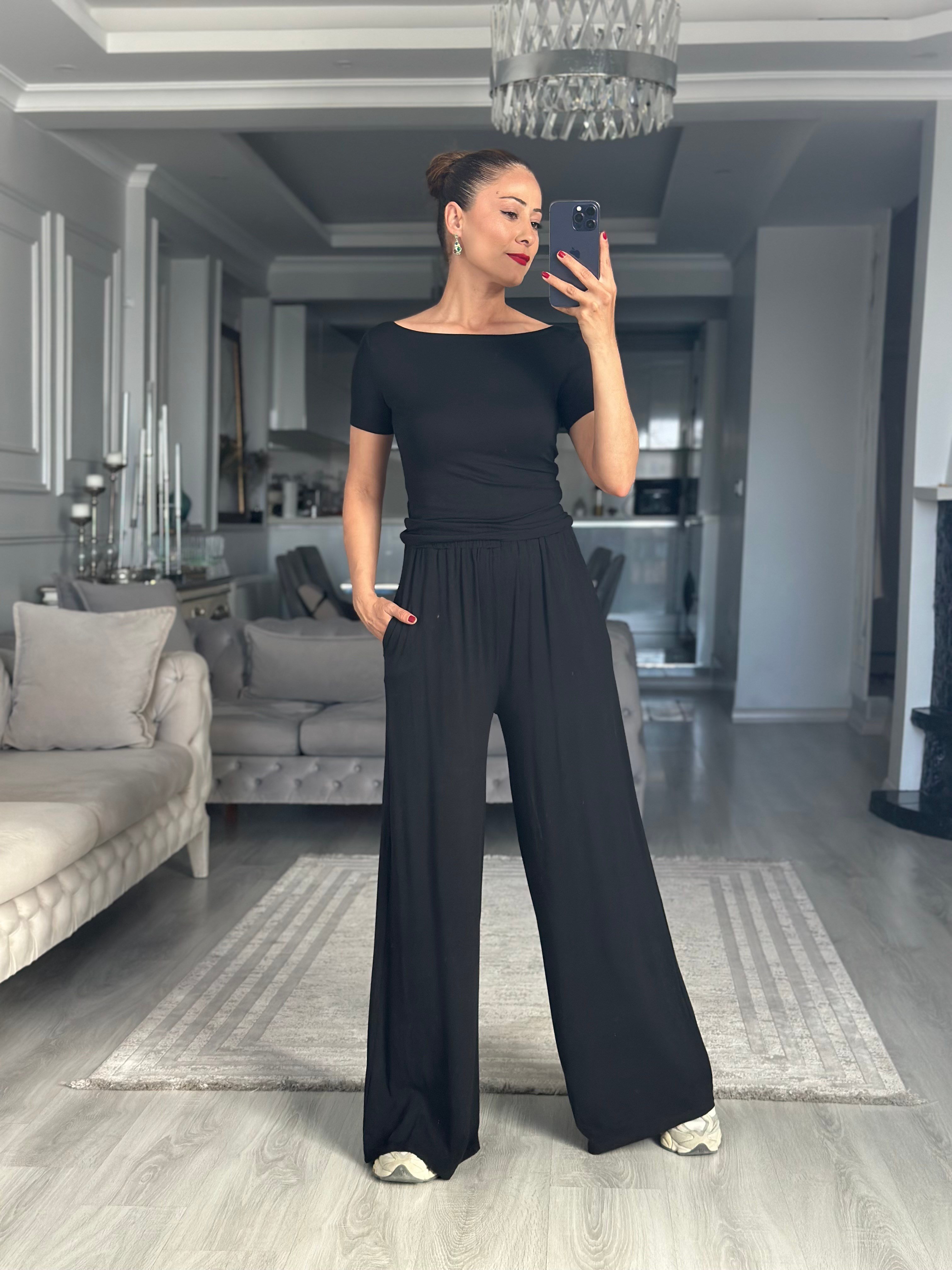 Siyah Kayık Yaka Kısa Kollu Body Pantolon Kadın İkili Takım