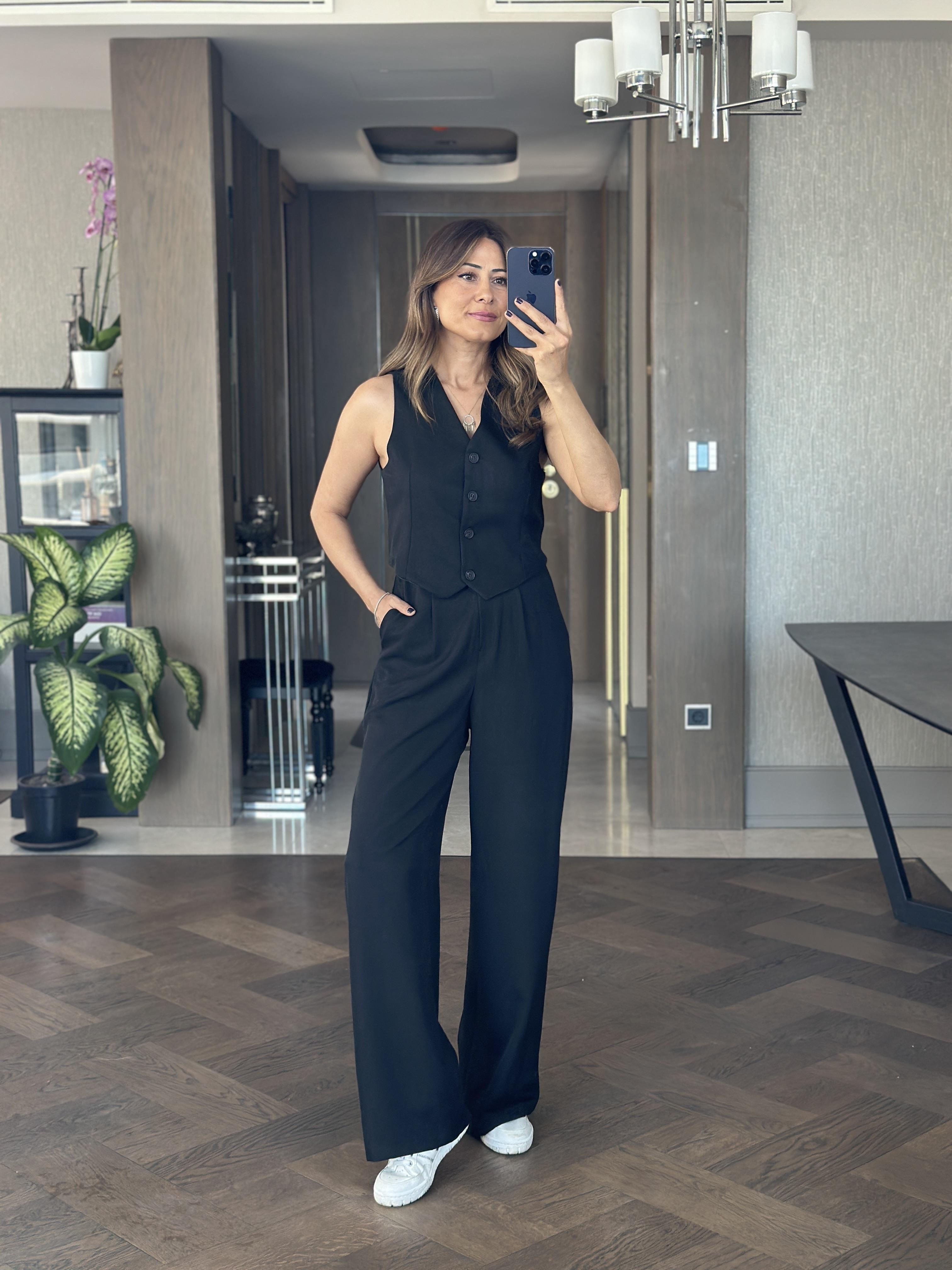 Siyah Keten Aerobin Yelek Pantolon Kadın Takım