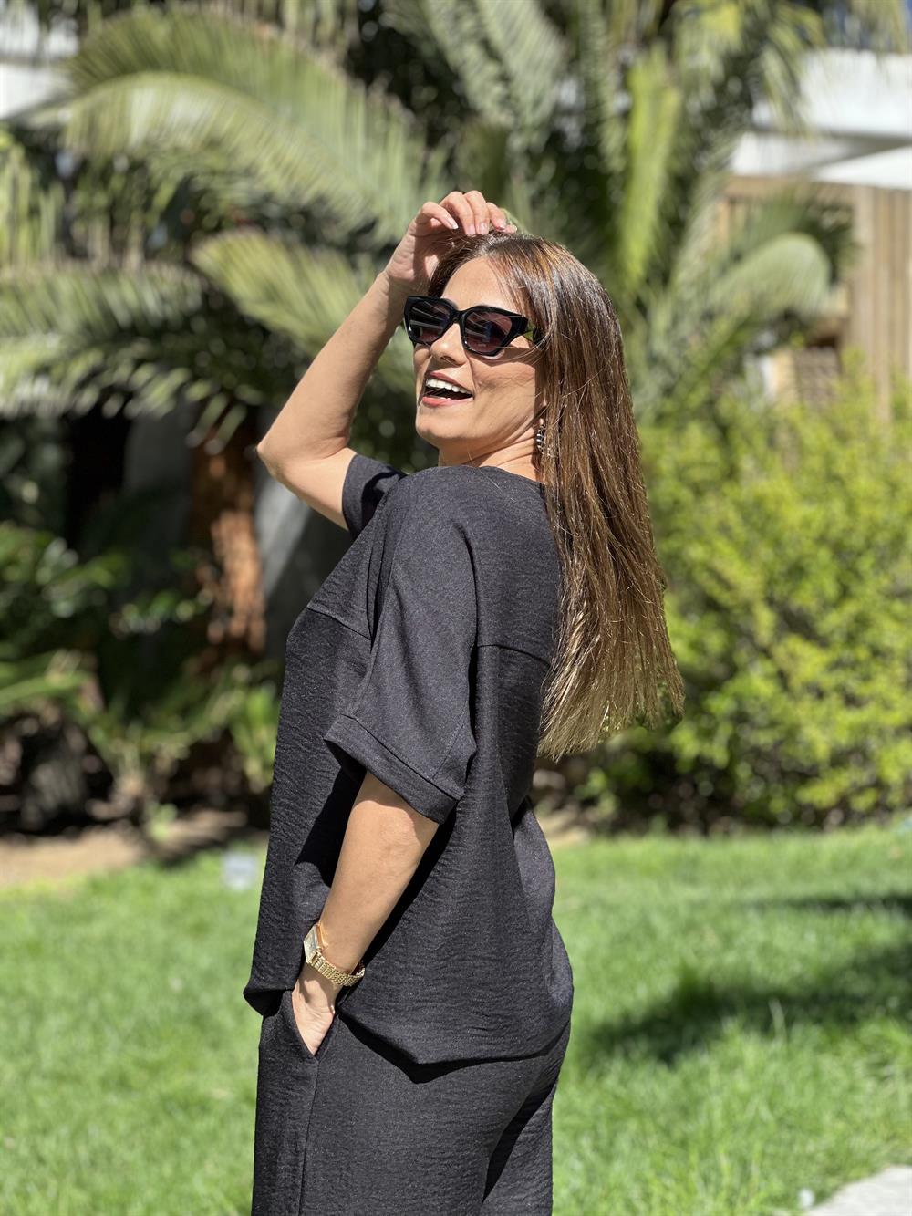 Siyah Kısa Kol Yaka V Detay Aerobin Kadın İkili Takım