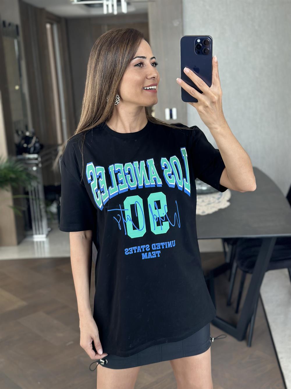 Siyah Los 90 Baskılı Bisiklet Yaka Kadın T-Shirt