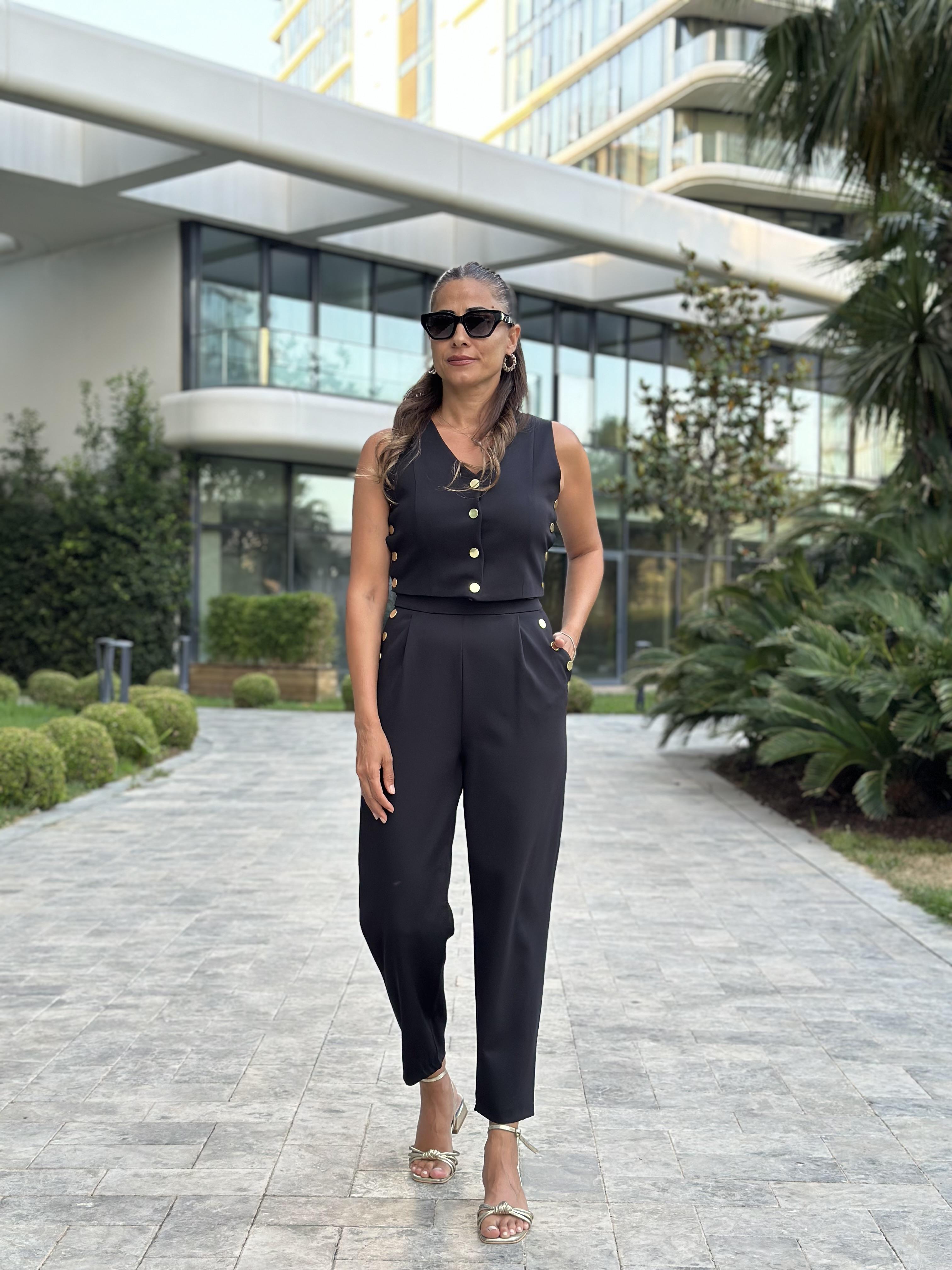 Siyah Marka Model Gold Çıtçıtlı Yelek Pantolon Kadın Alt Üst Takım