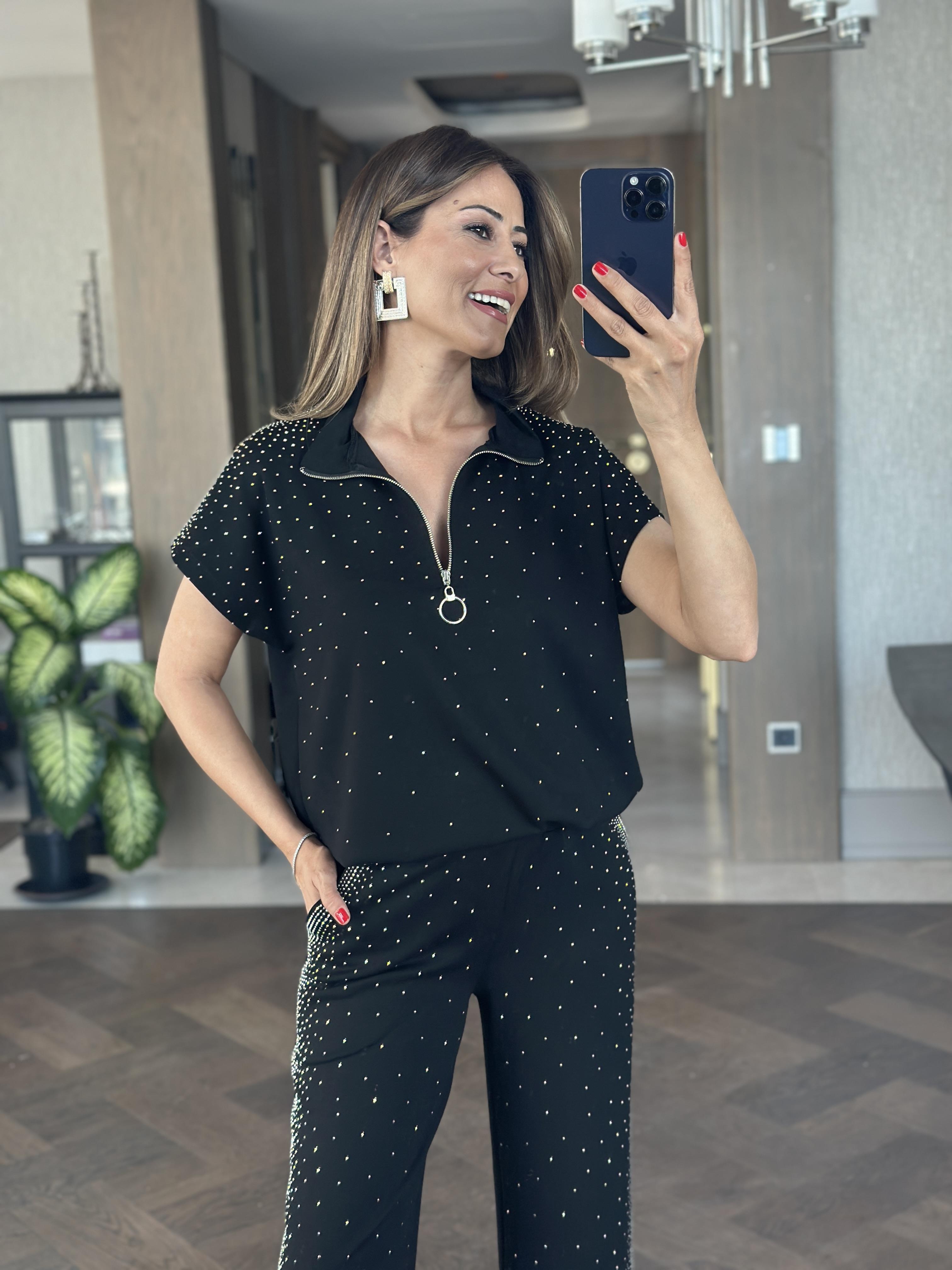 Siyah Modal Taş Detay Kadın Eşofman Takım