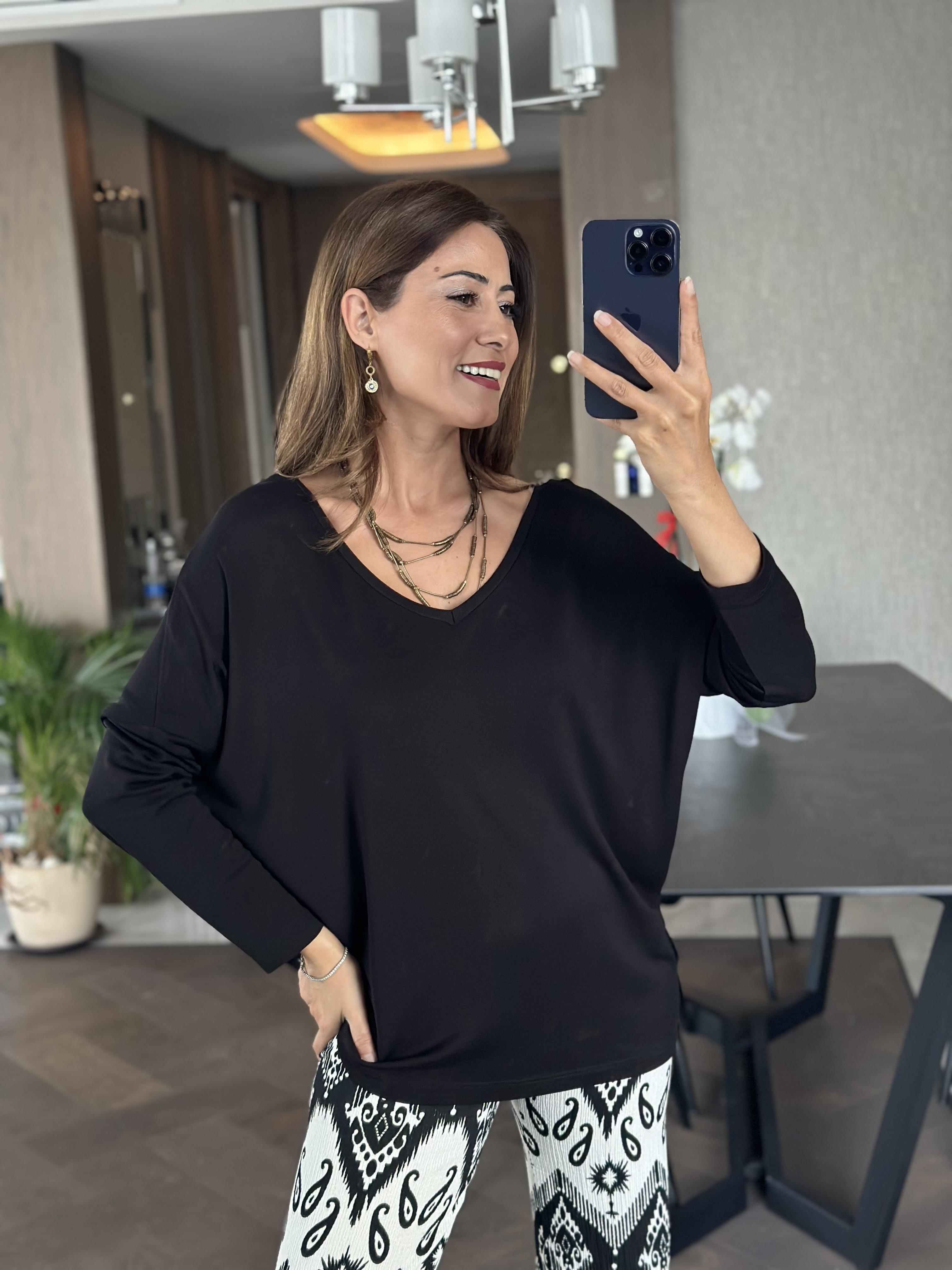 Siyah Ön Arka V Yaka Uzun Kol Kadın Bluz