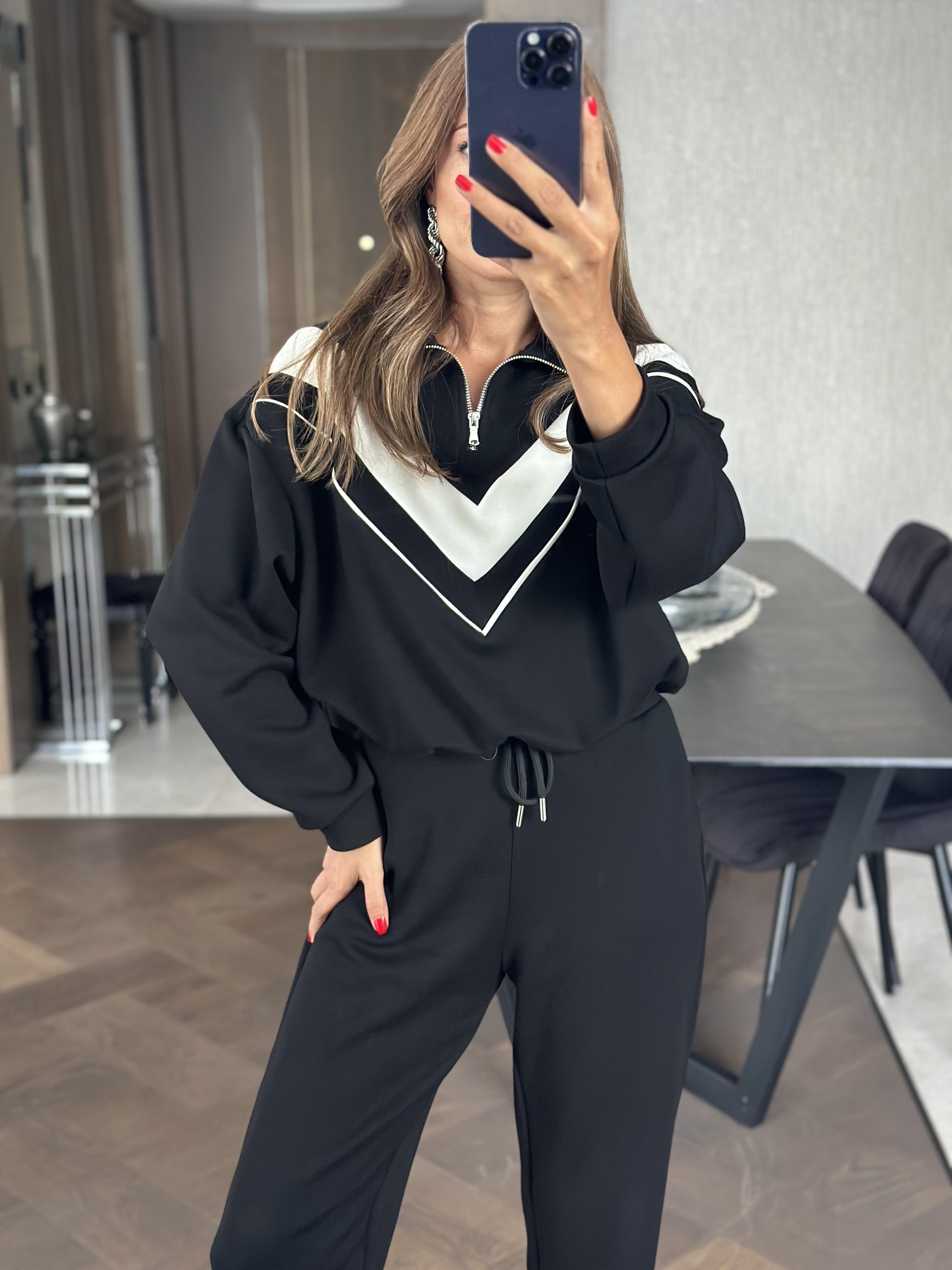 Siyah Önü Şerit Detay Yarım Fermuarlı Modal Kadın Eşofman Takımı