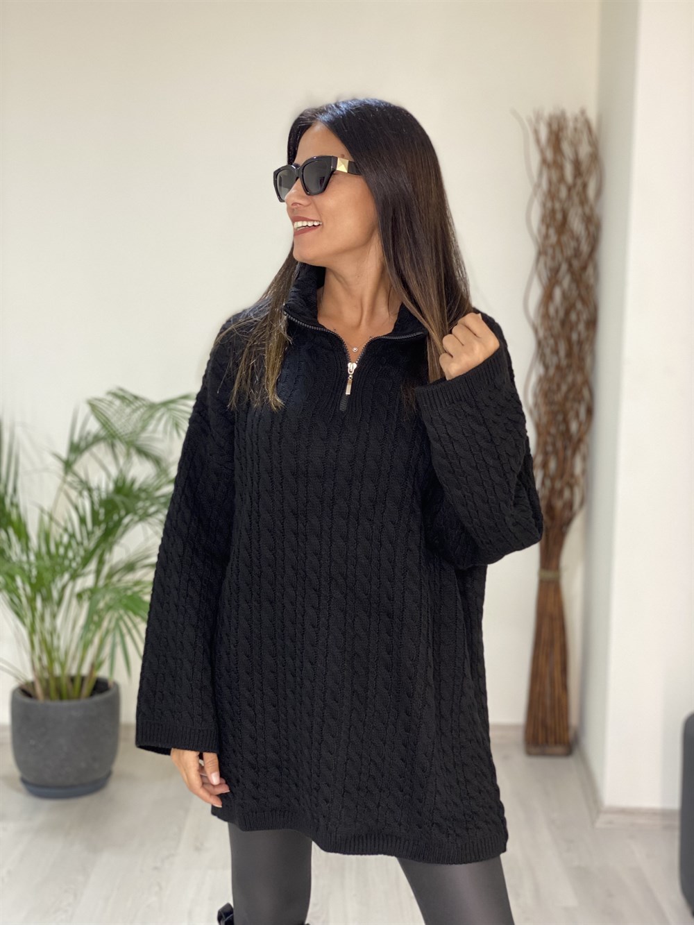Siyah Örgü Oversize Fermuarlı Triko Kadın Kazak