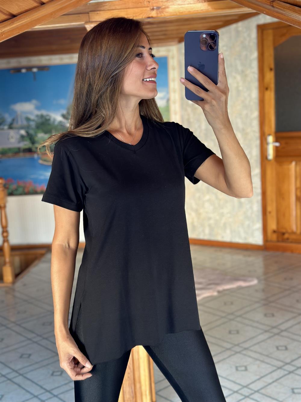 Siyah Özel Üretim V Yaka Basic Kadın T-Shirt