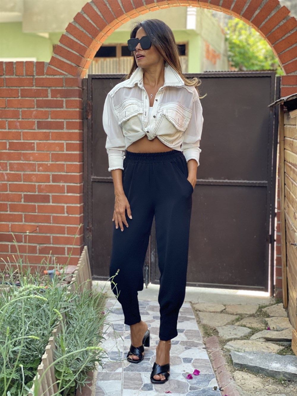 Siyah Paça Pensli Beli Lastikli Aerobin Kadın Pantolon