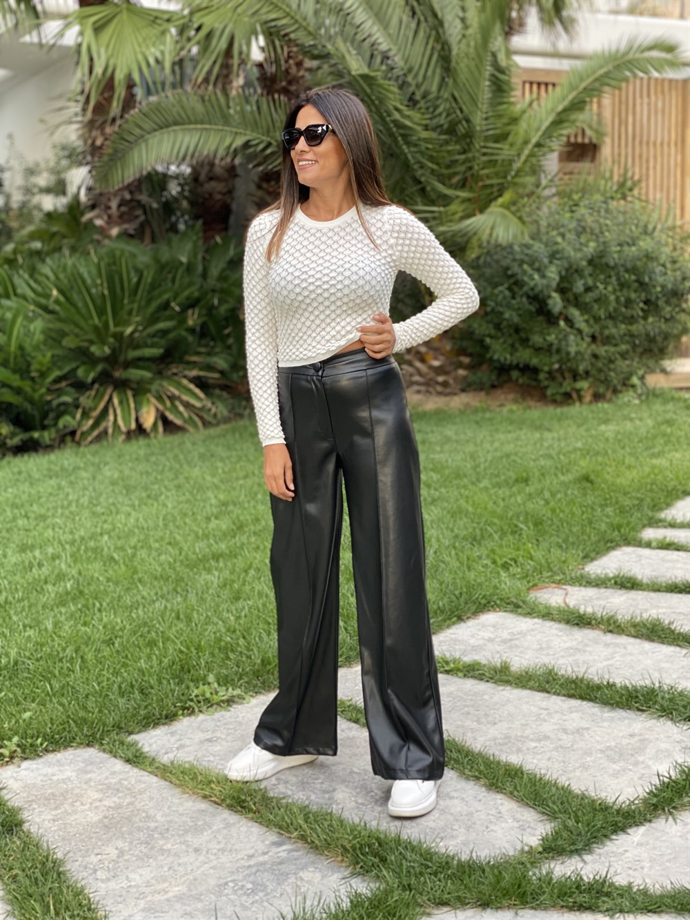 Siyah Palazzo Deri Kadın Pantolon