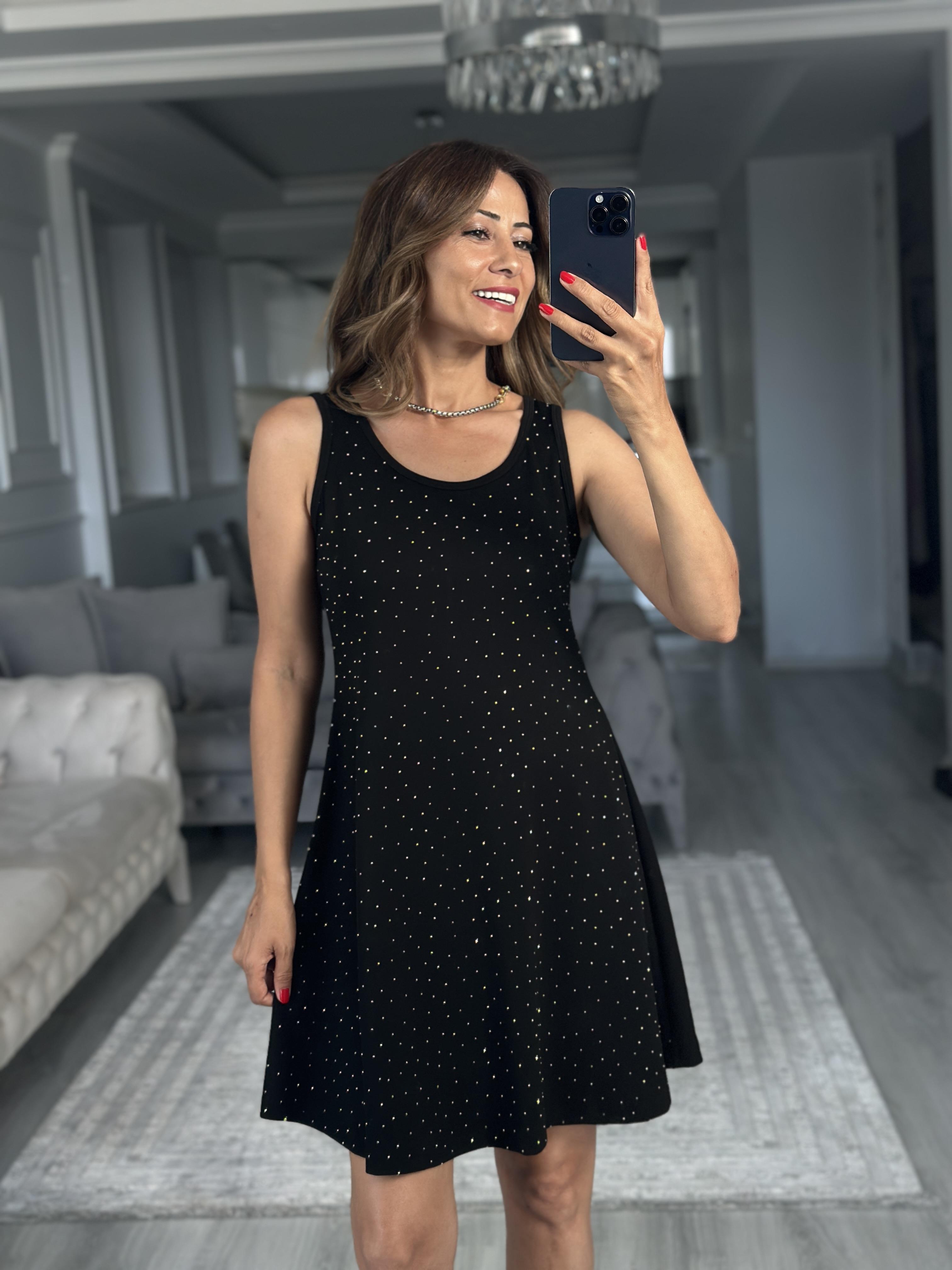 Siyah Parıltılı Sıfır Kol Modal Çan Kadın Elbise