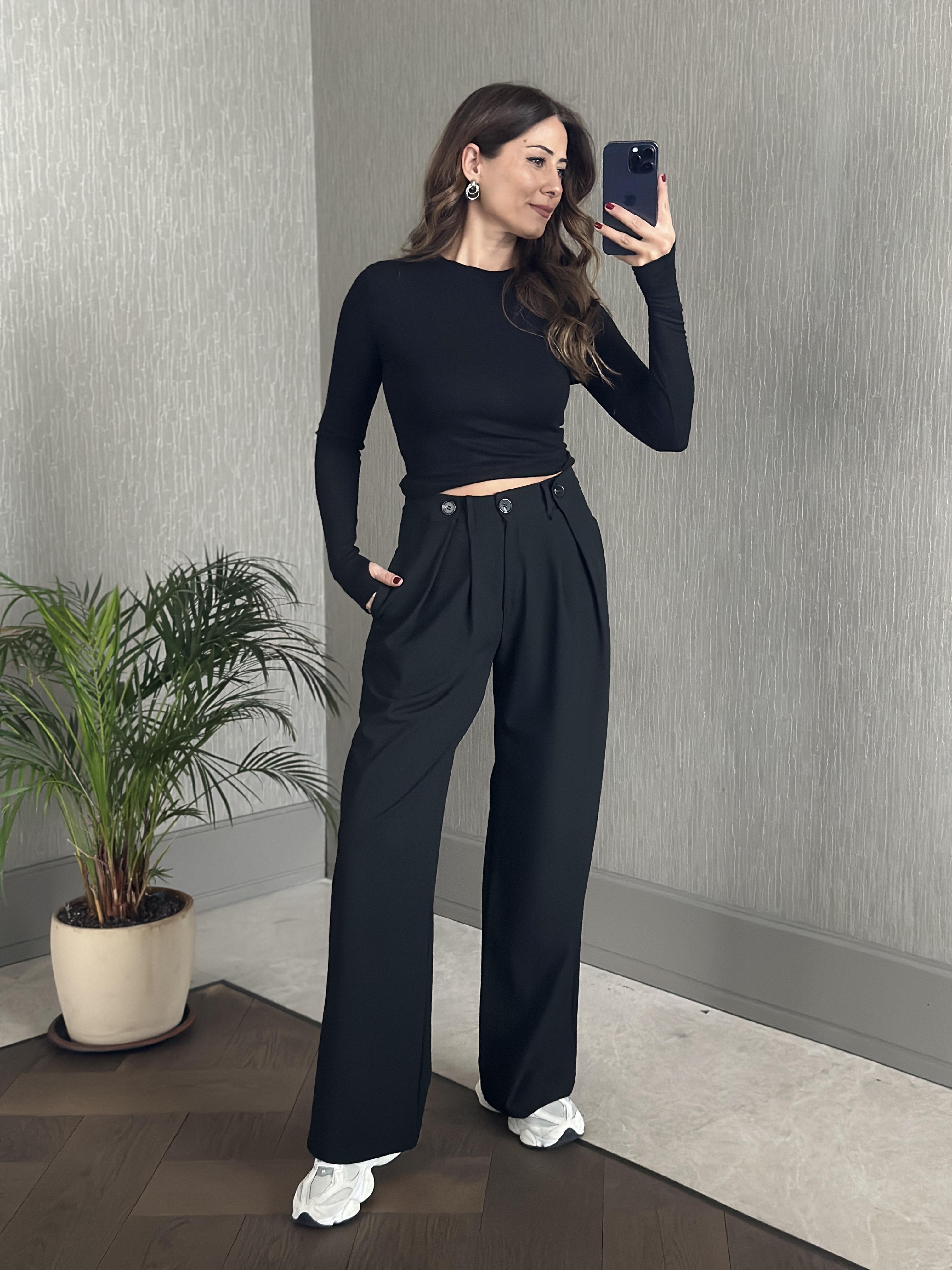 Siyah Pilesi Düğme Detay Cepli Palazzo Kadın Kumaş Pantolon