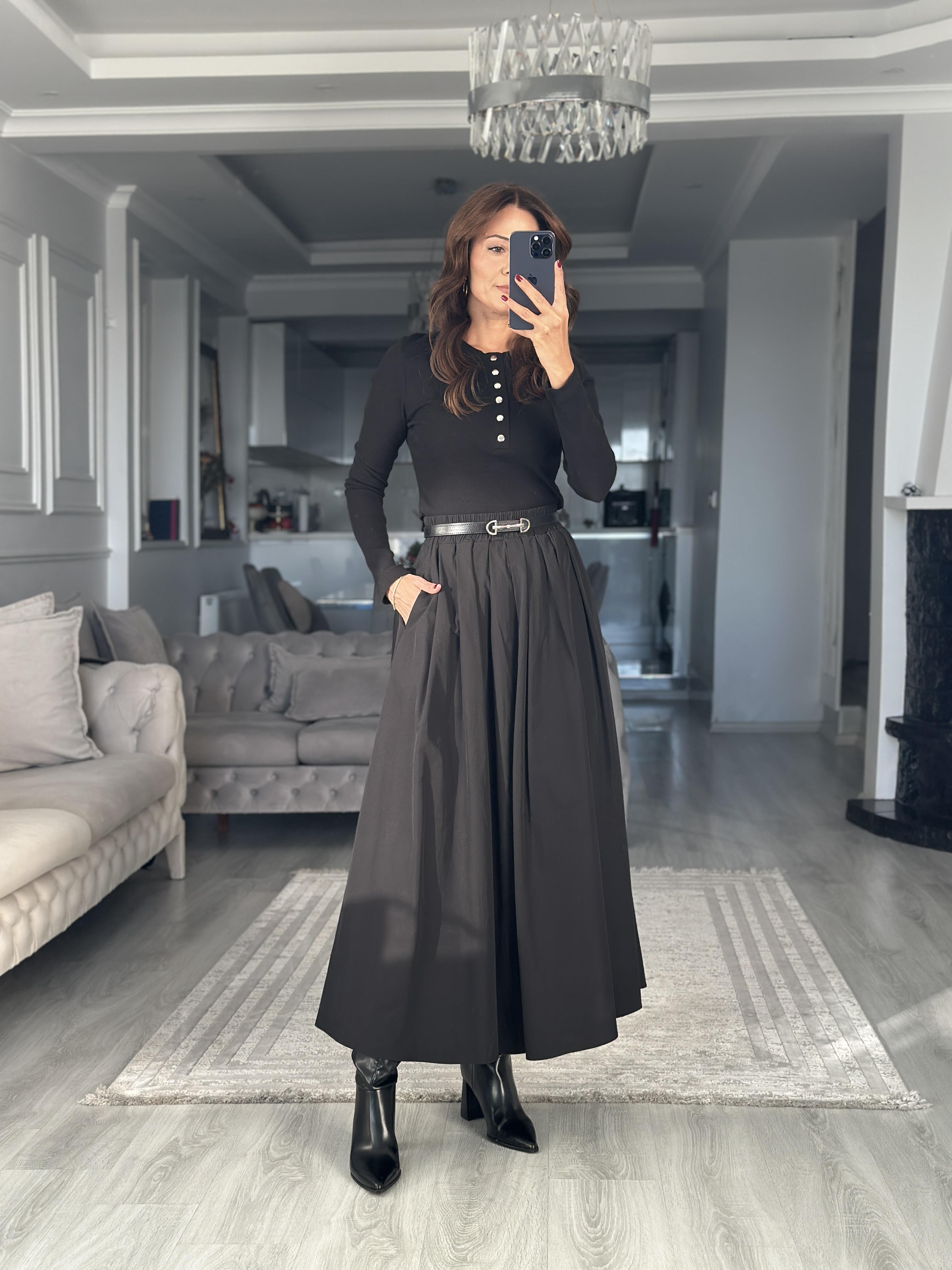 Siyah Poplin Kumaş Cepli Midi Boy Kadın Etek