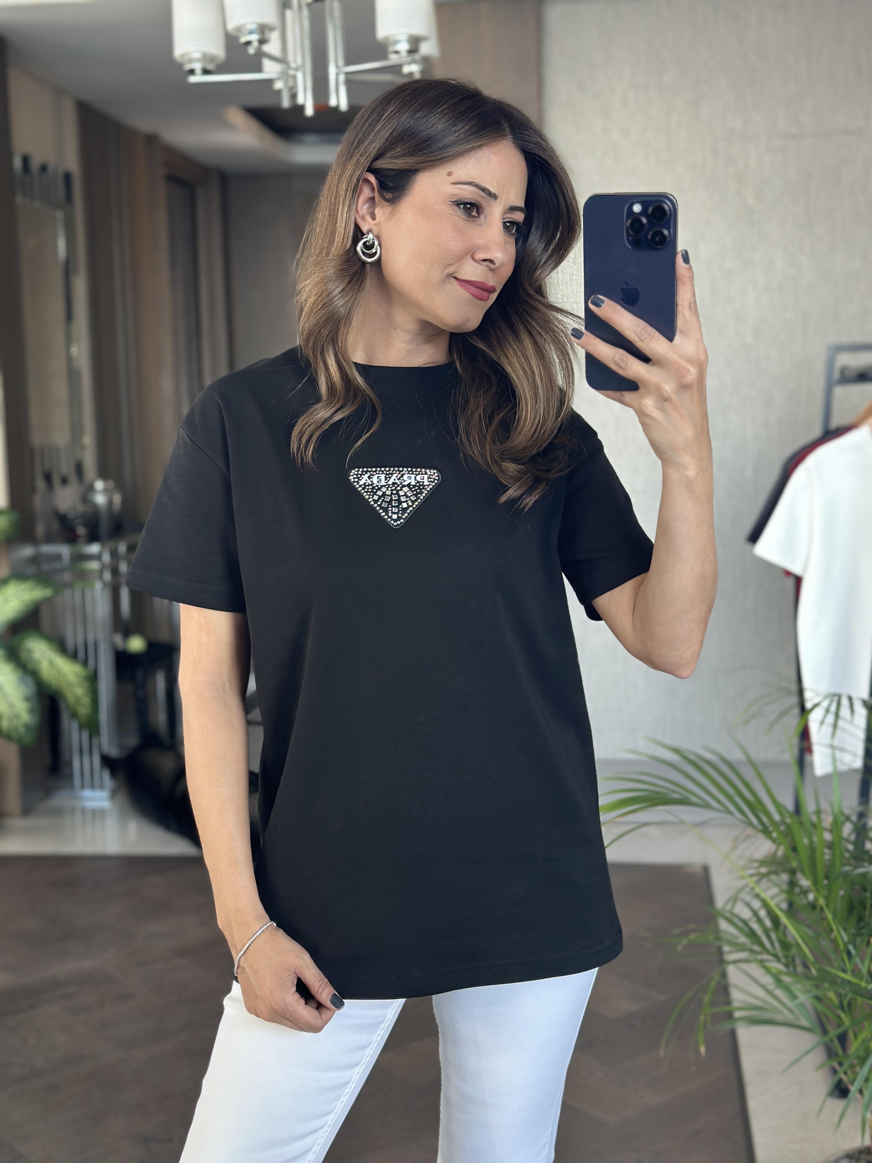 Siyah Prd Üçgen Logolu Bisiklet Yaka Kadın T-Shirt