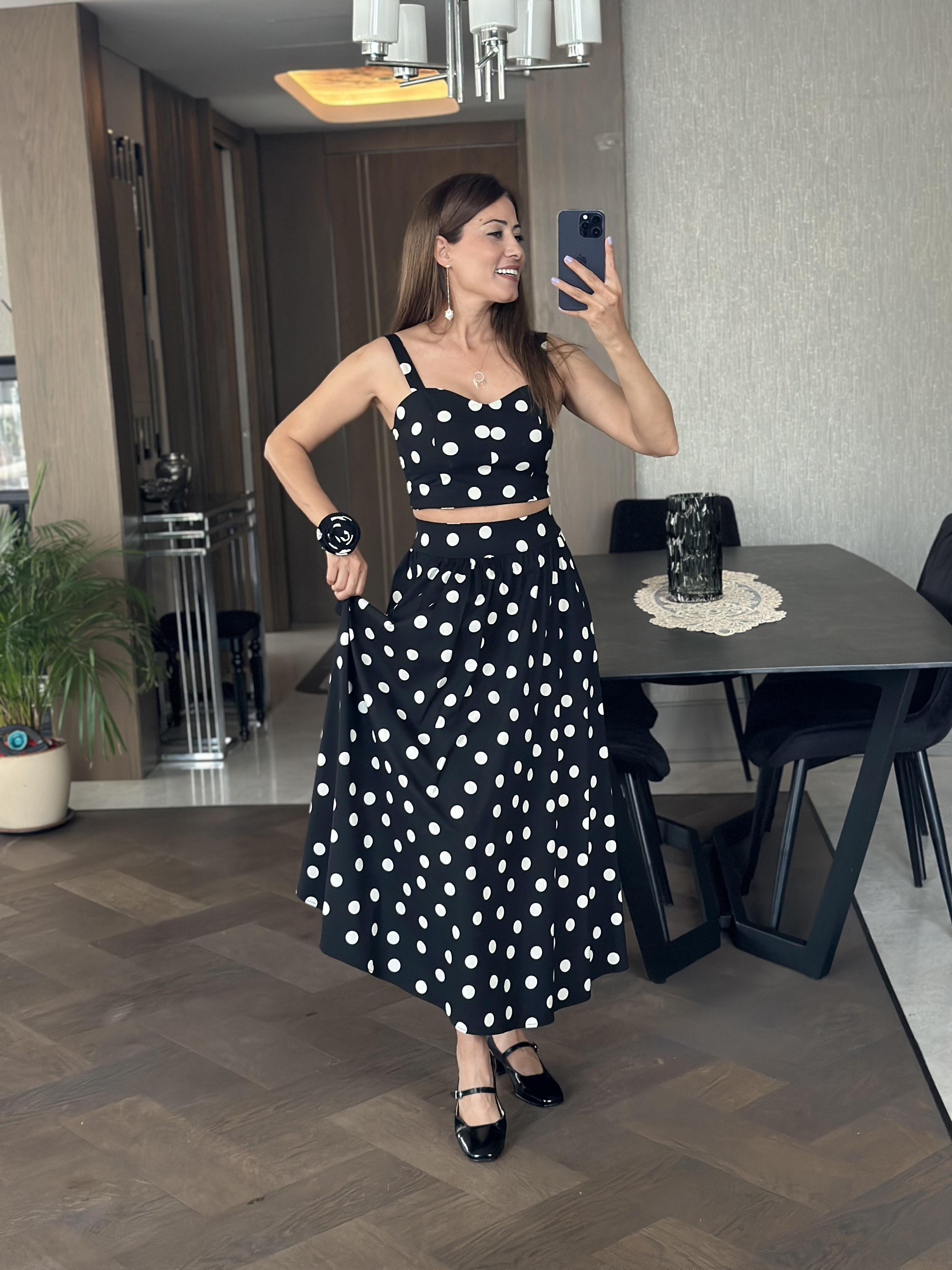 Siyah Puantiyeli Crop Bluz Etek Kadın İkili Takım