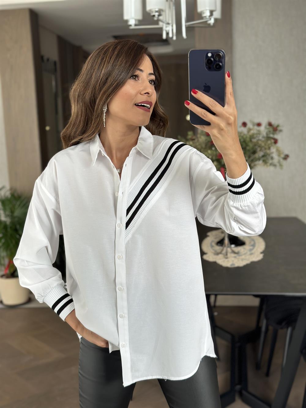 Siyah Ribanalı Poplin Kadın Gömlek