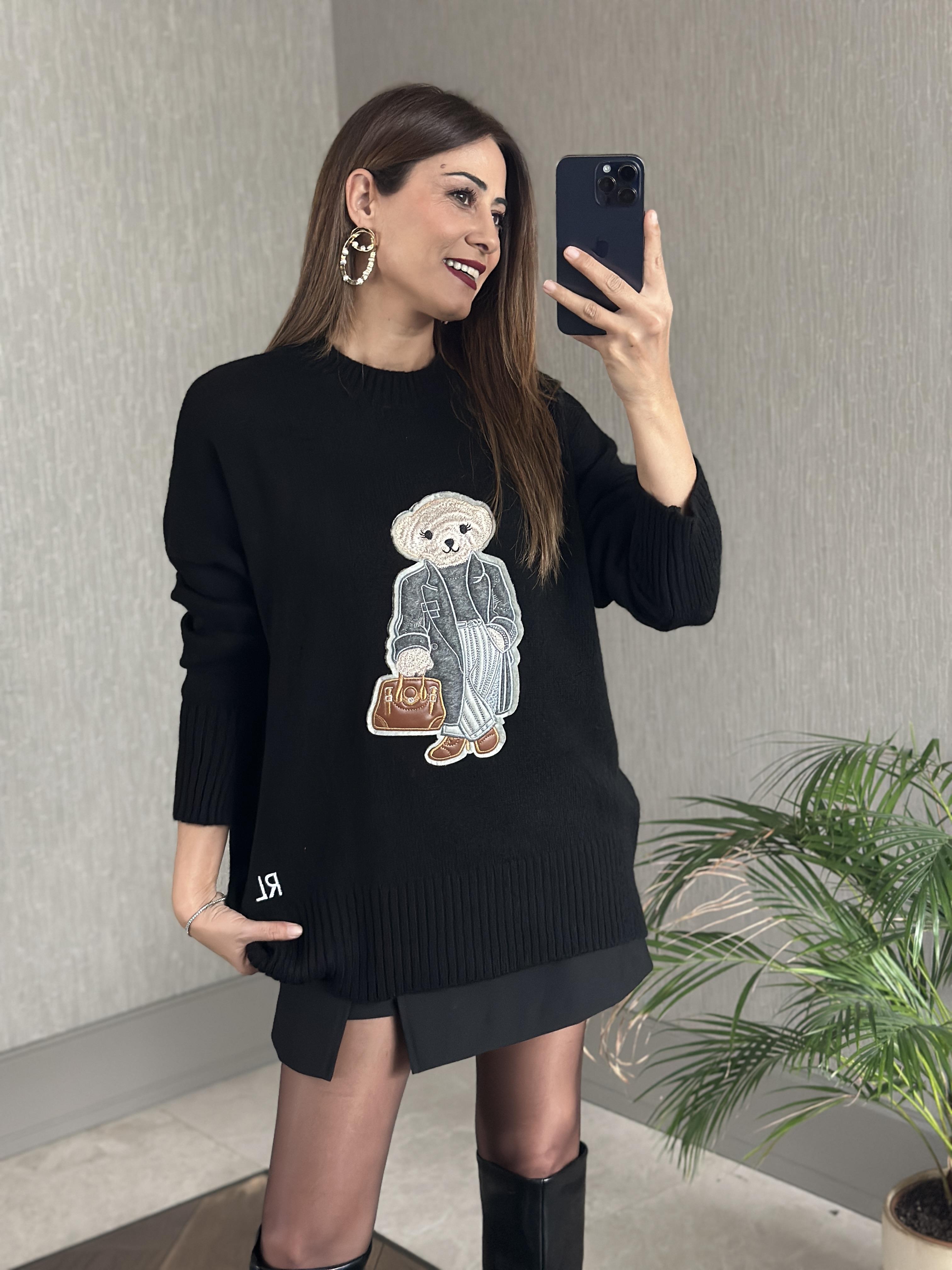 Siyah RL Model Bisiklet Yaka Önü Ayıcık Nakışlı Kadın Triko Kazak