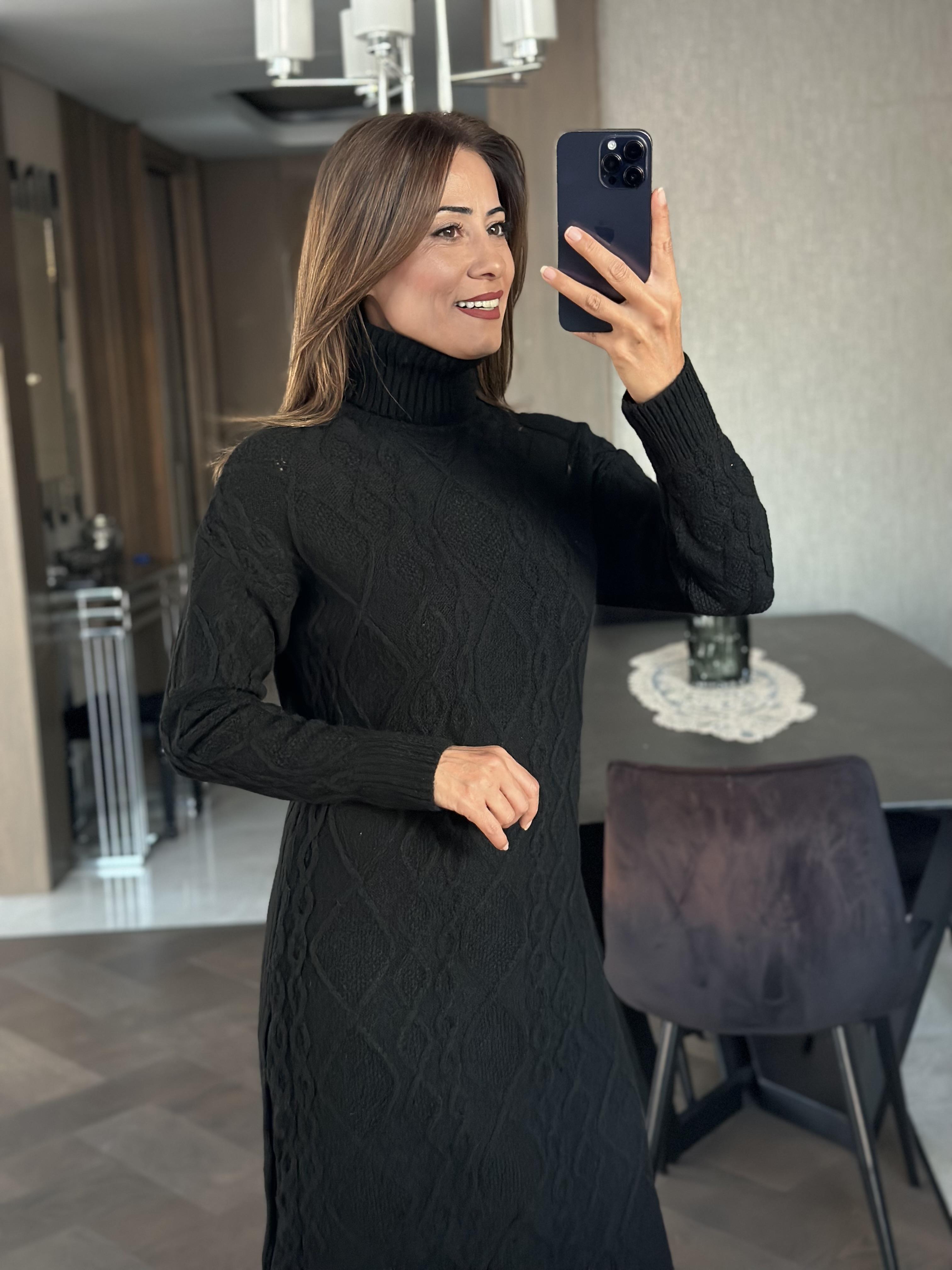 Siyah Saç Örgü Balıkçı Yaka Kadın Triko Elbise