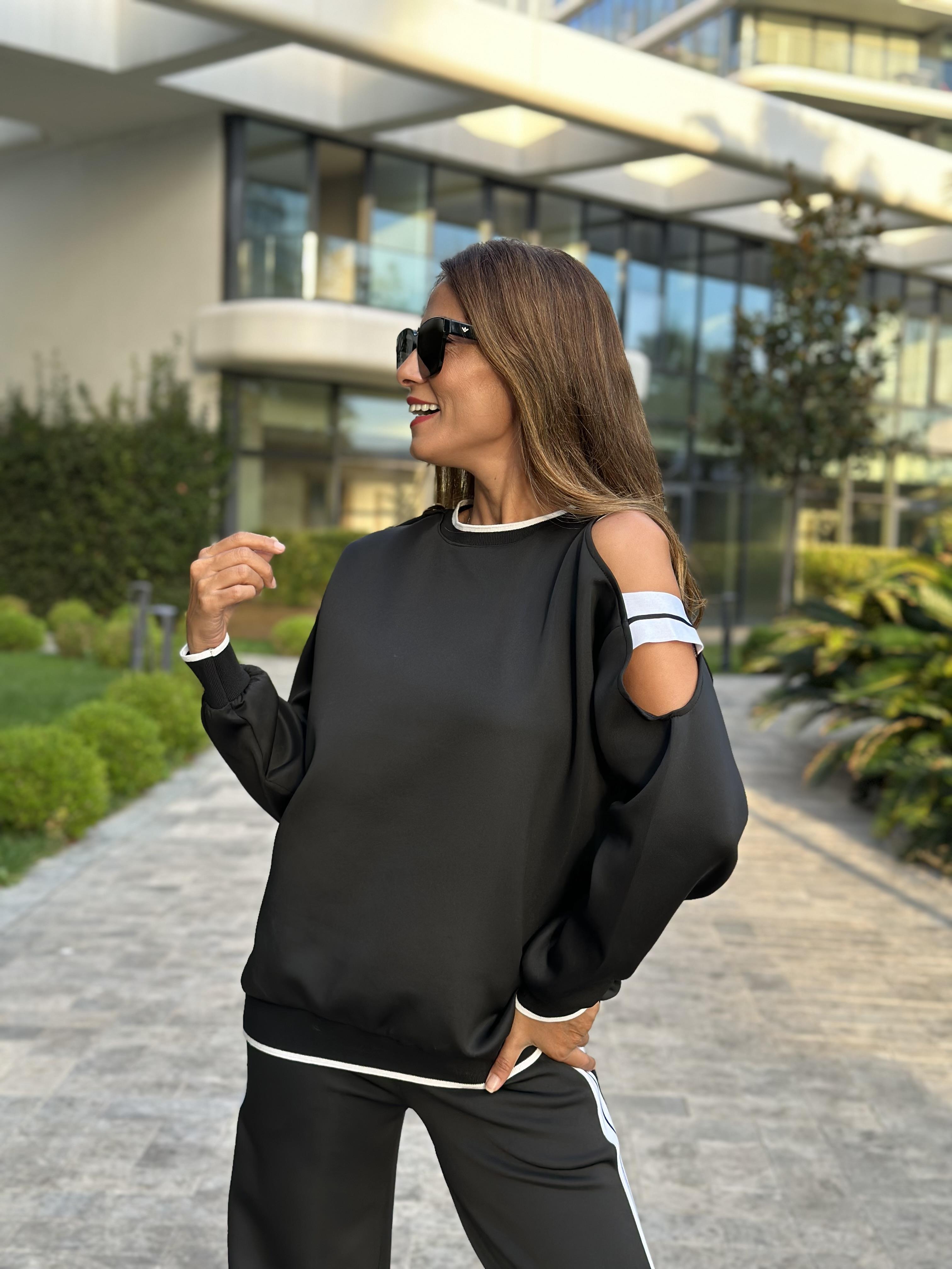 Siyah Scuba Şeritli Düğme Detay Kadın İkili Takım