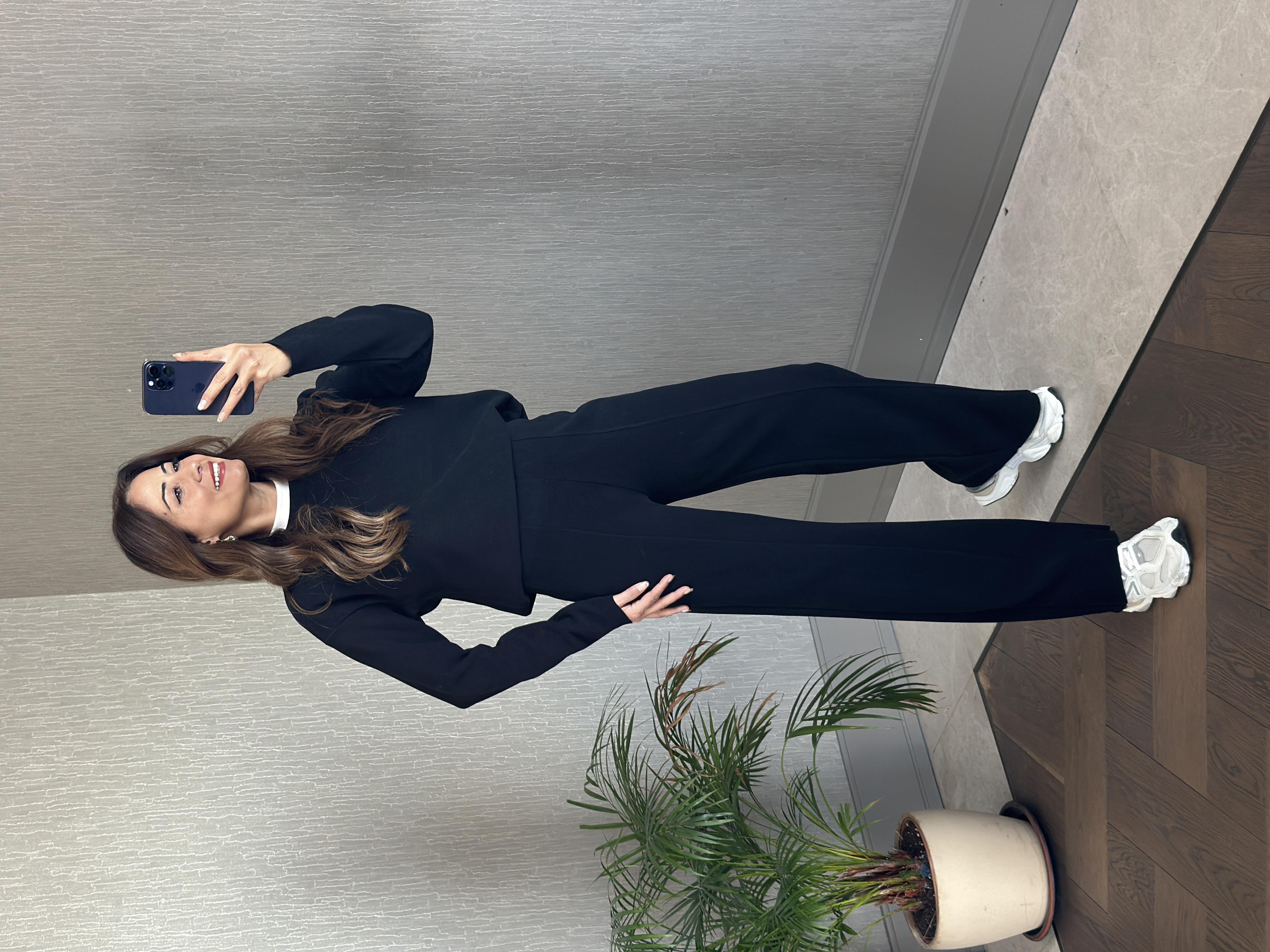 Siyah Selanik Eteği Ve Paçası Kesik Sweatshirt Pantolon Kadın Alt Üst Takım