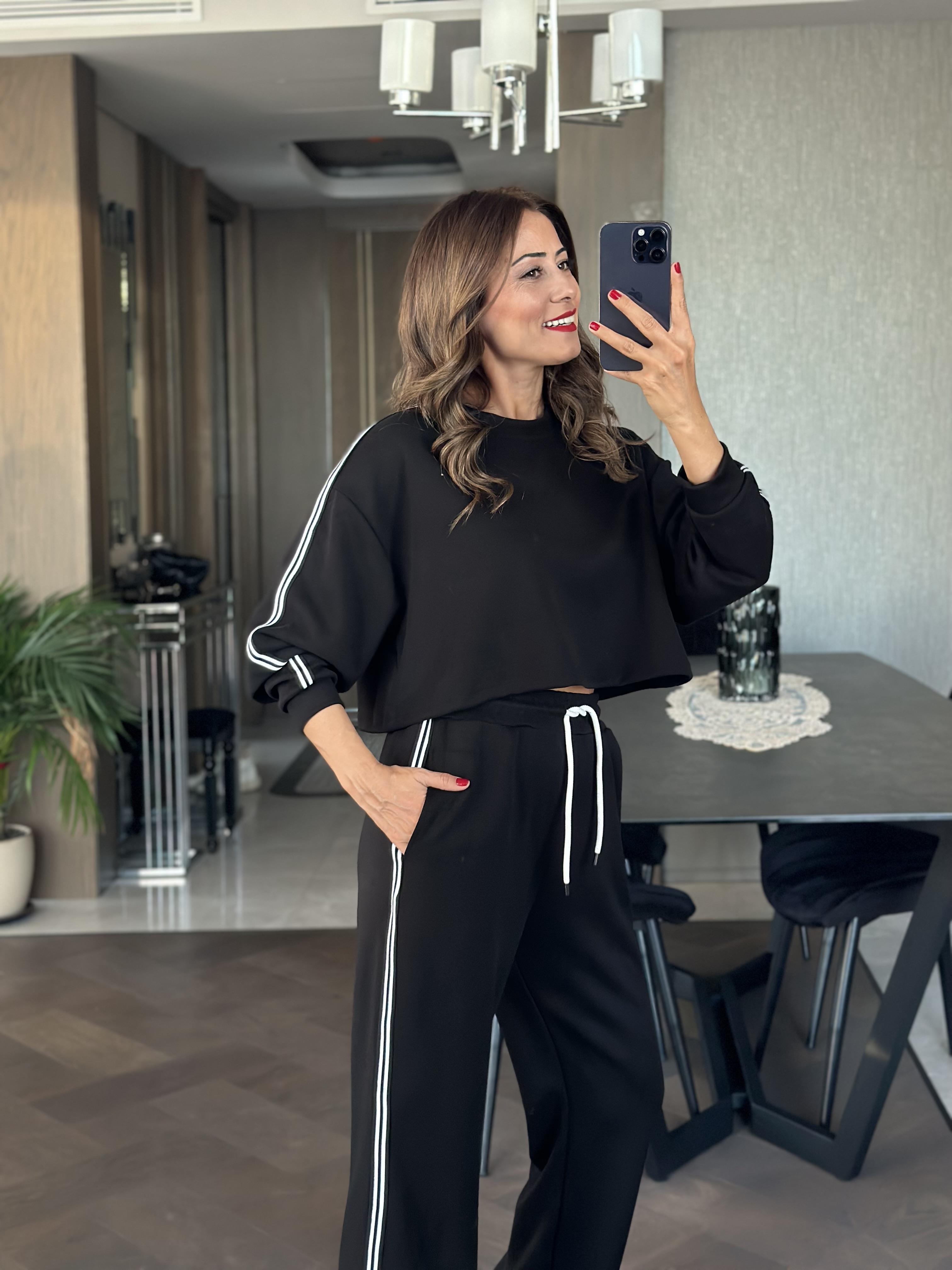 Siyah Şeritli Modal Crop Sweat Pantolon  Kadın İkili Takım