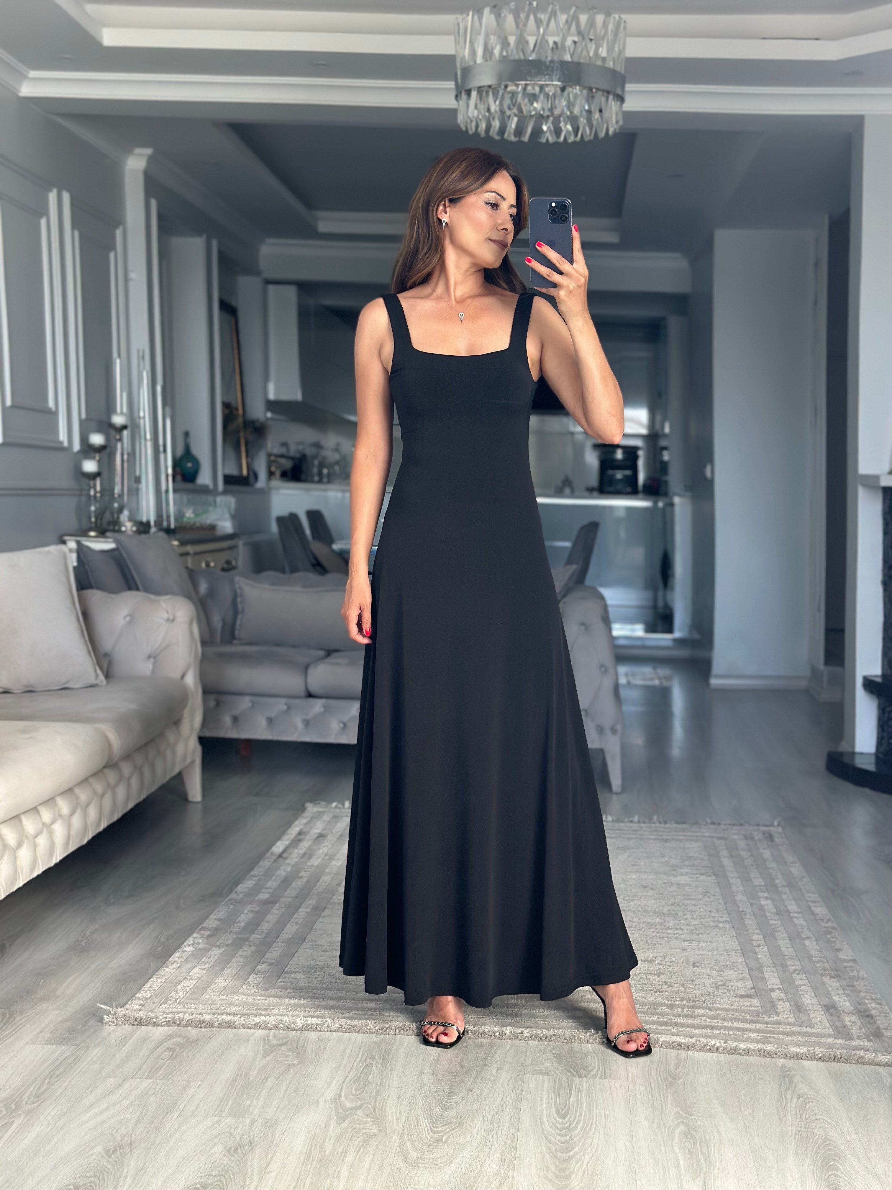 Siyah Sırtı Kare Dekolteli Maxi Boy Kadın Elbise 