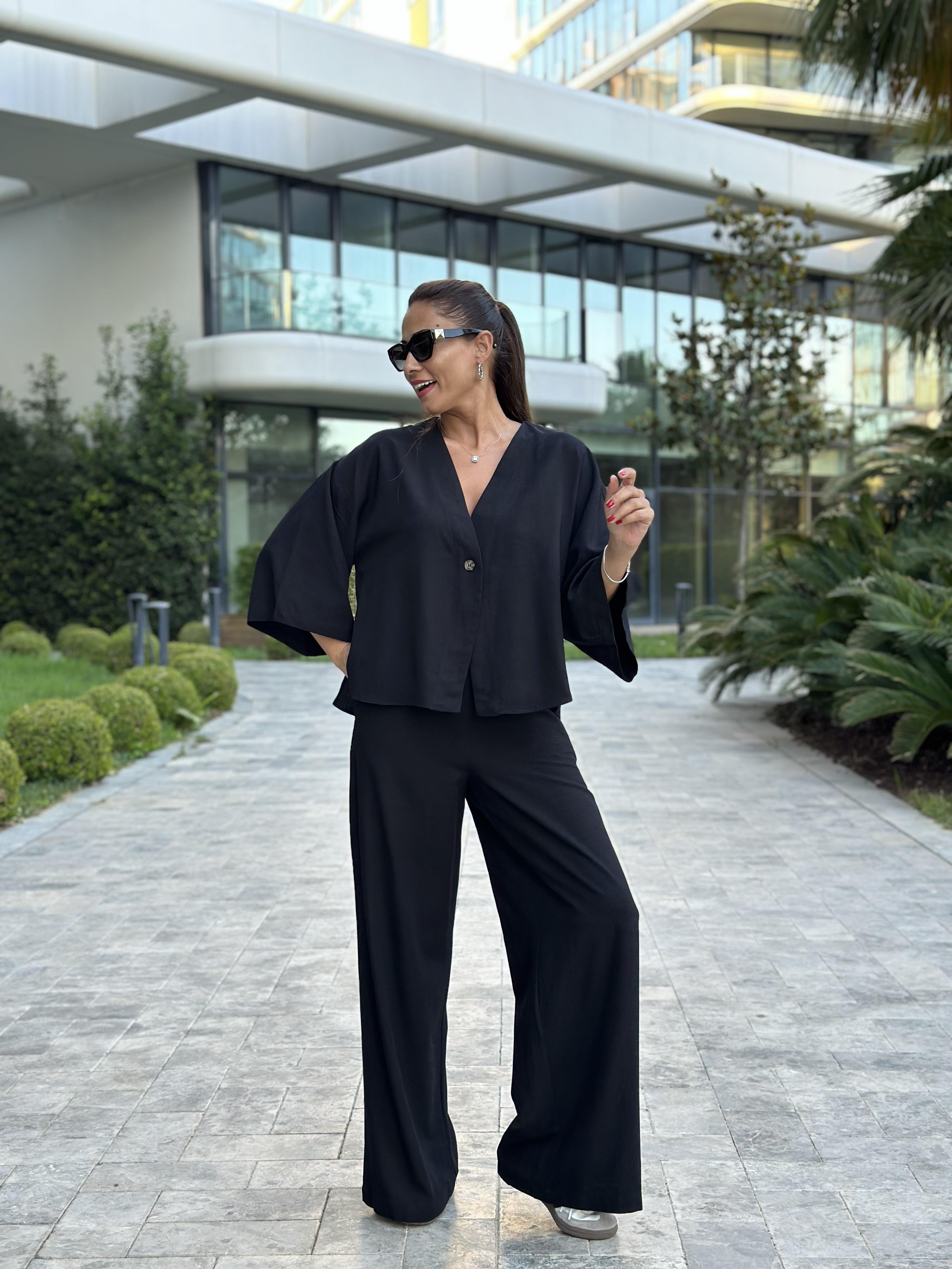 Siyah Tek Düğmeli Kimono Pantolon Keten Kadın Alt Üst Takım