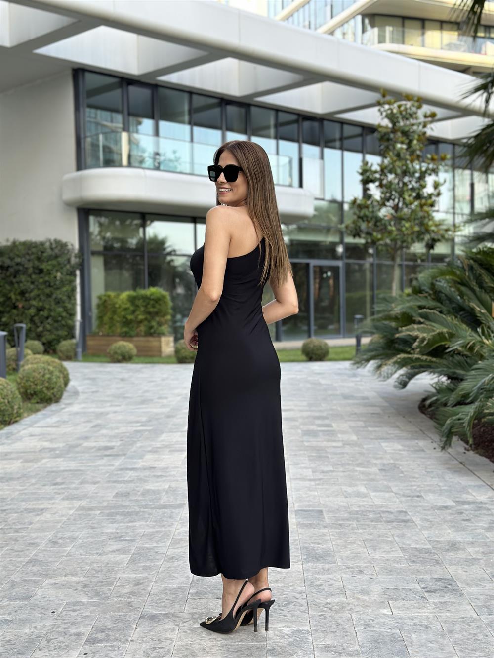 Siyah Tek Omuz Sandy Kumaş Tokalı Kruvaze Kadın Elbise