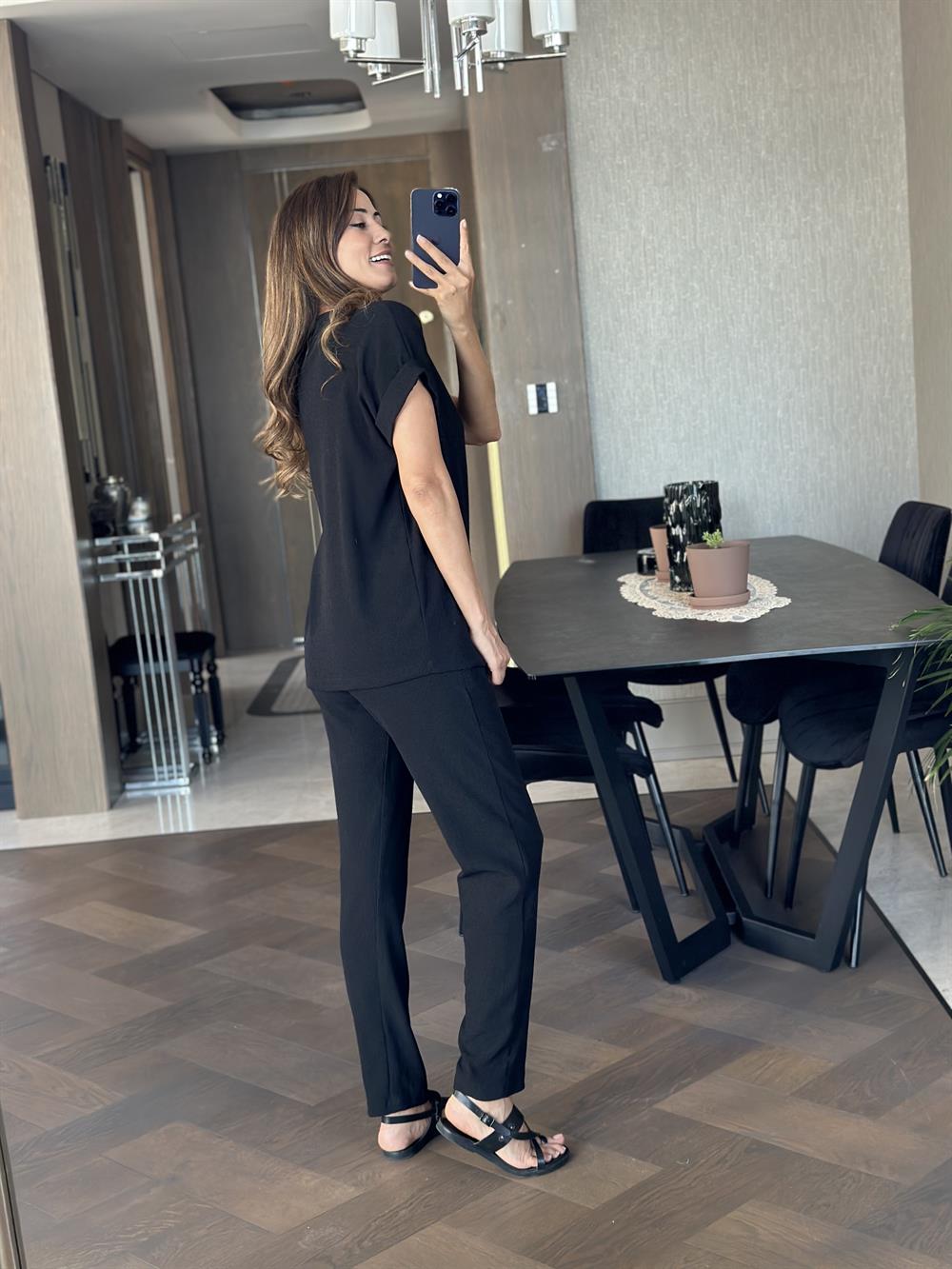 Siyah V Yaka Özel Üretim Bürümcük Kadın Takım