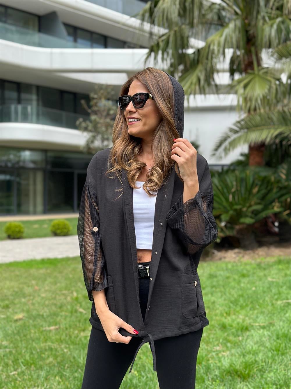 Siyah Yan File Kapüşonlu Keten Aerobin Kadın Ceket