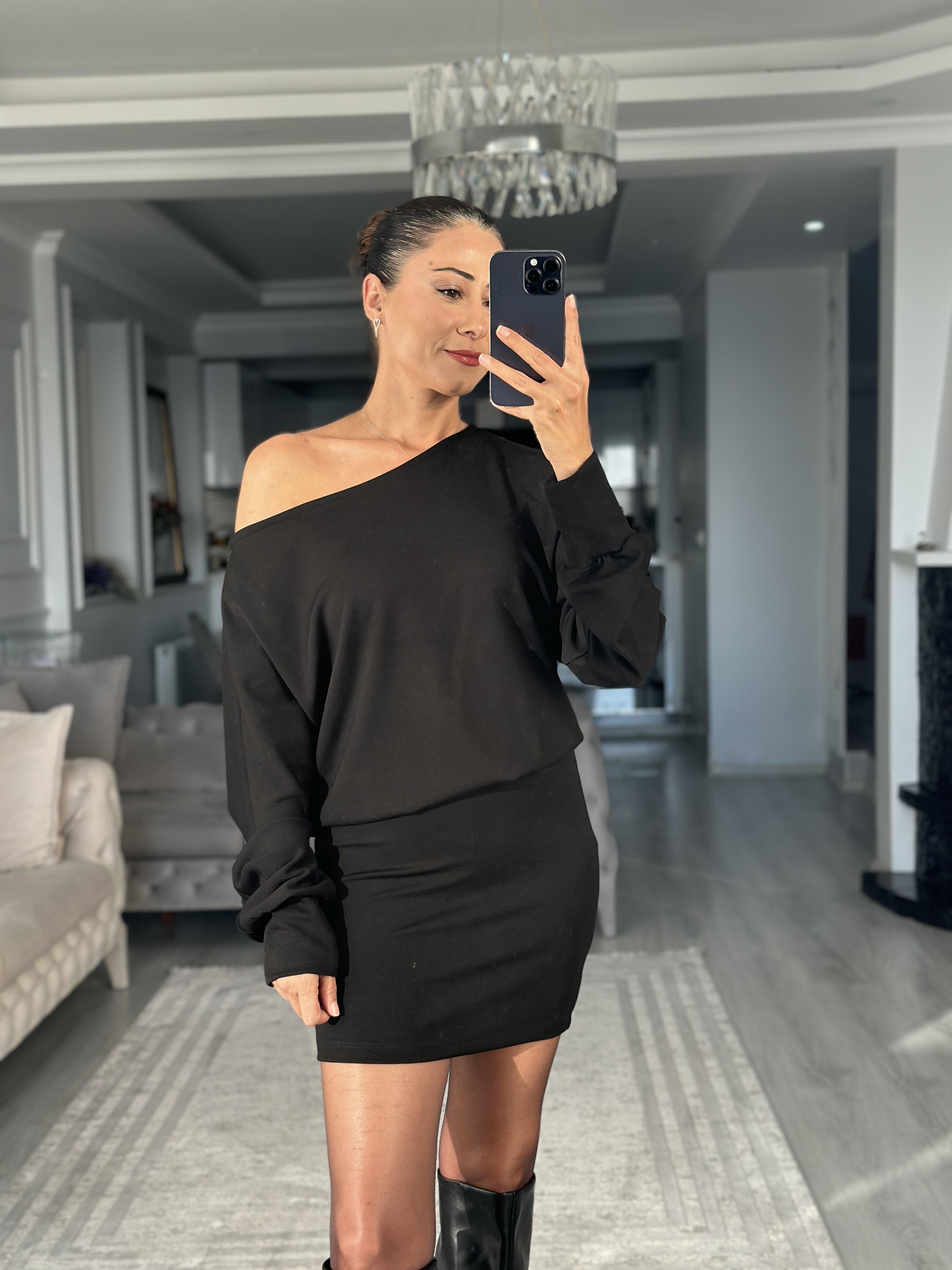 Siyah Yarasa Kol Düşük Omuz Modal Kumaş Mini Elbise 