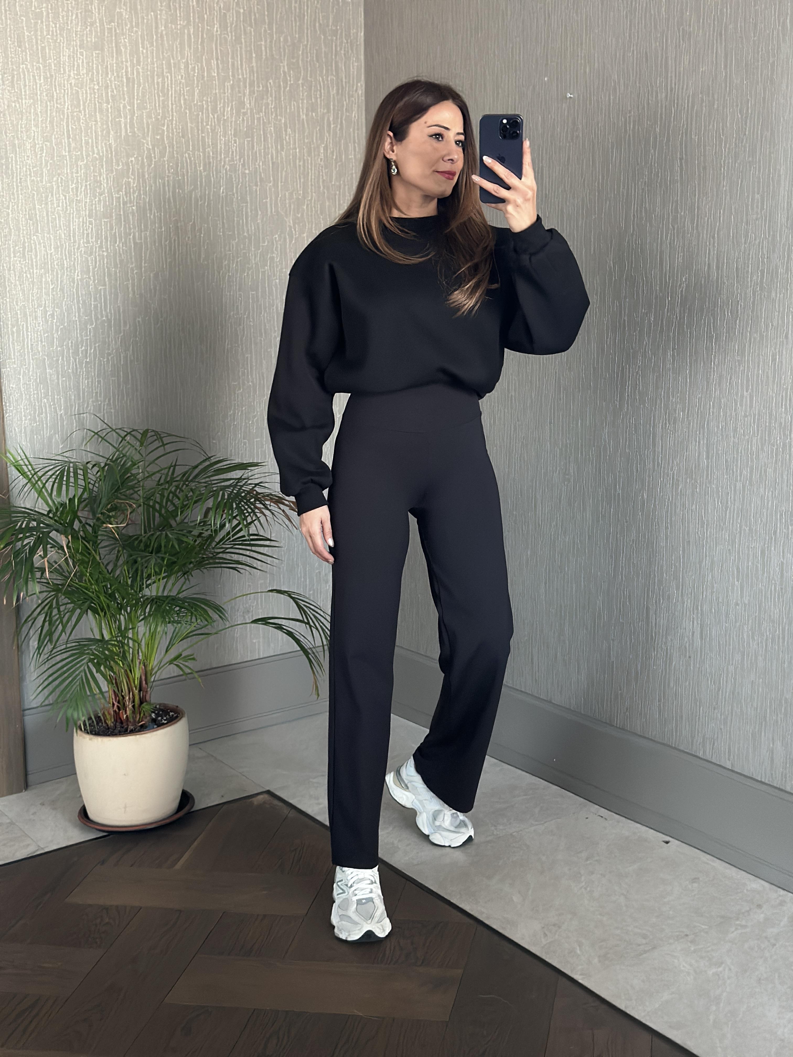 Siyah Yüksek Bel Cepsiz Kadın Yürüyüş Pantolon