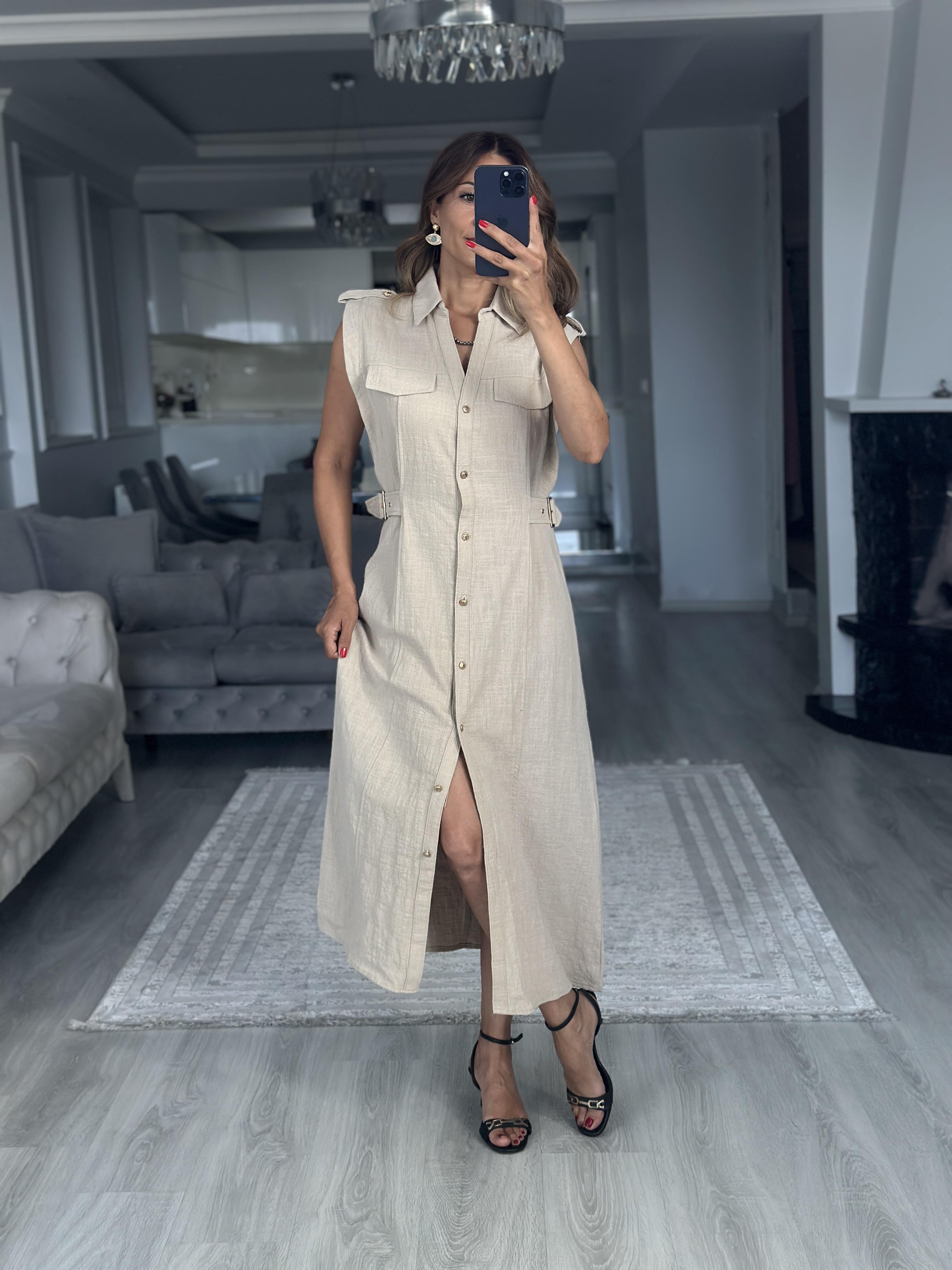 Taş Apoletli Sıfır Kol Midi Boy Kadın Gömlek Elbise