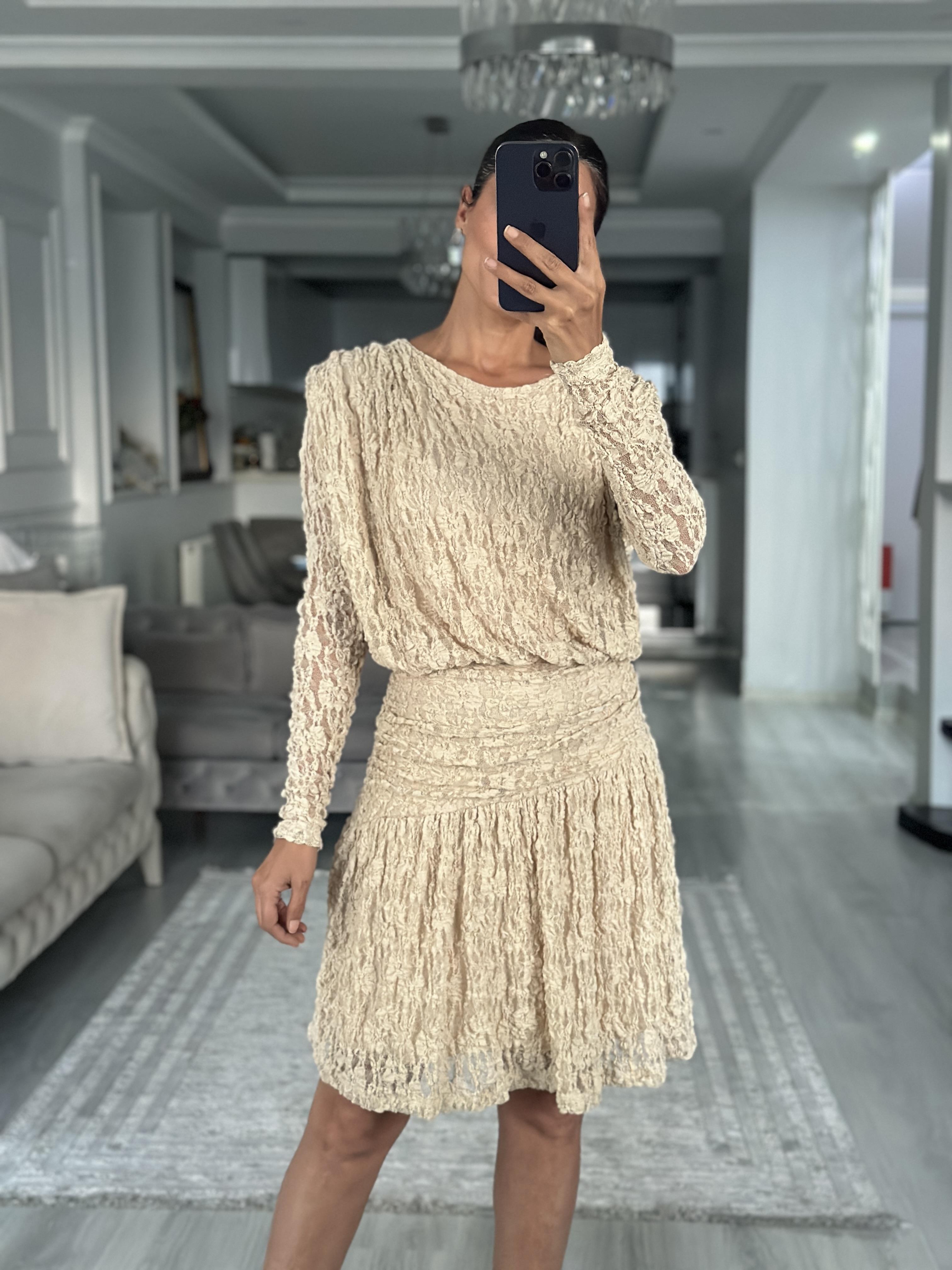 Taş Dantel Drapeli Kayık Yaka Uzun Kol Kadın Mini Elbise 