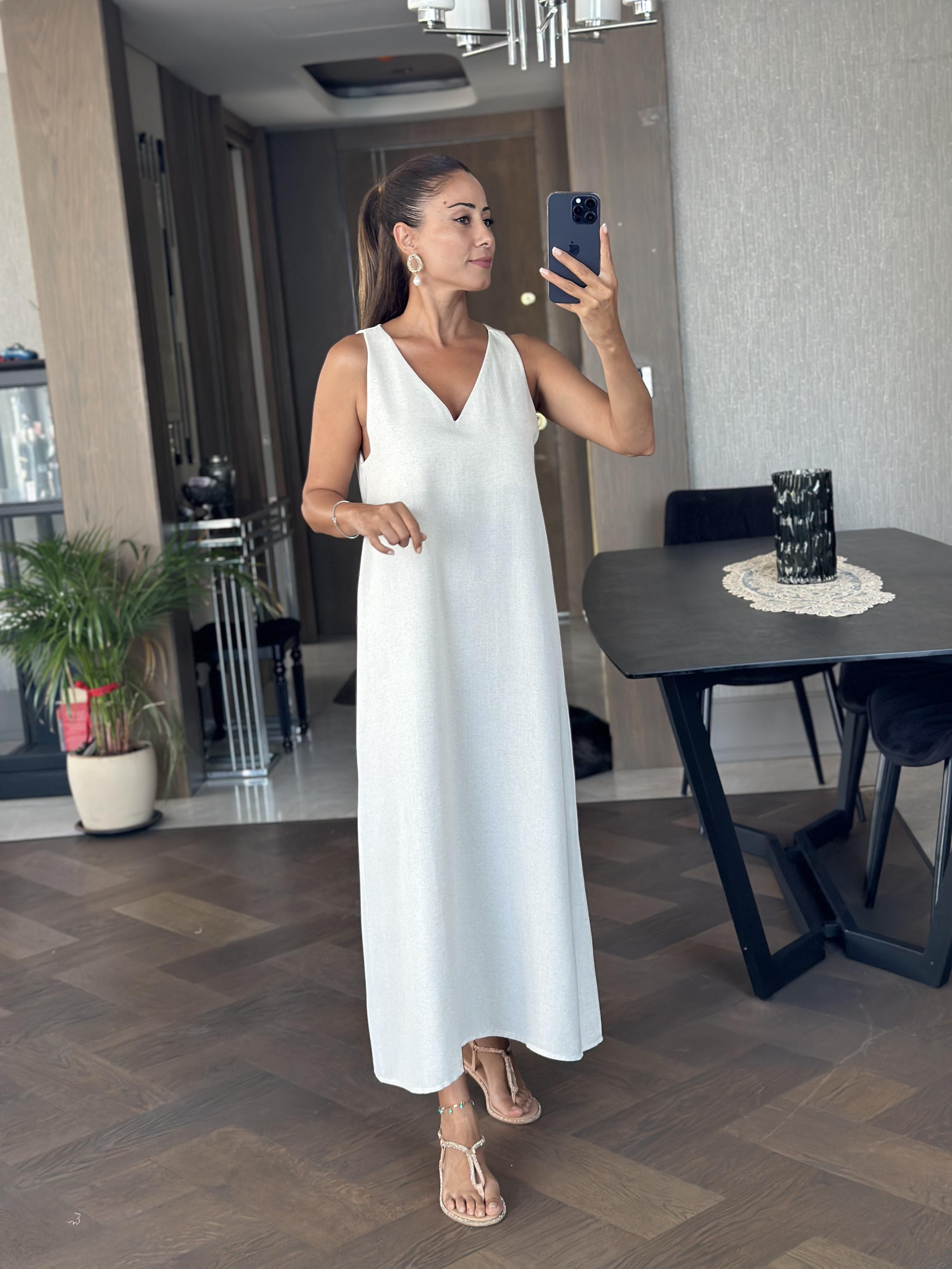 Taş Önü V Yaka Sıfır Kol Kadın Keten Elbise 