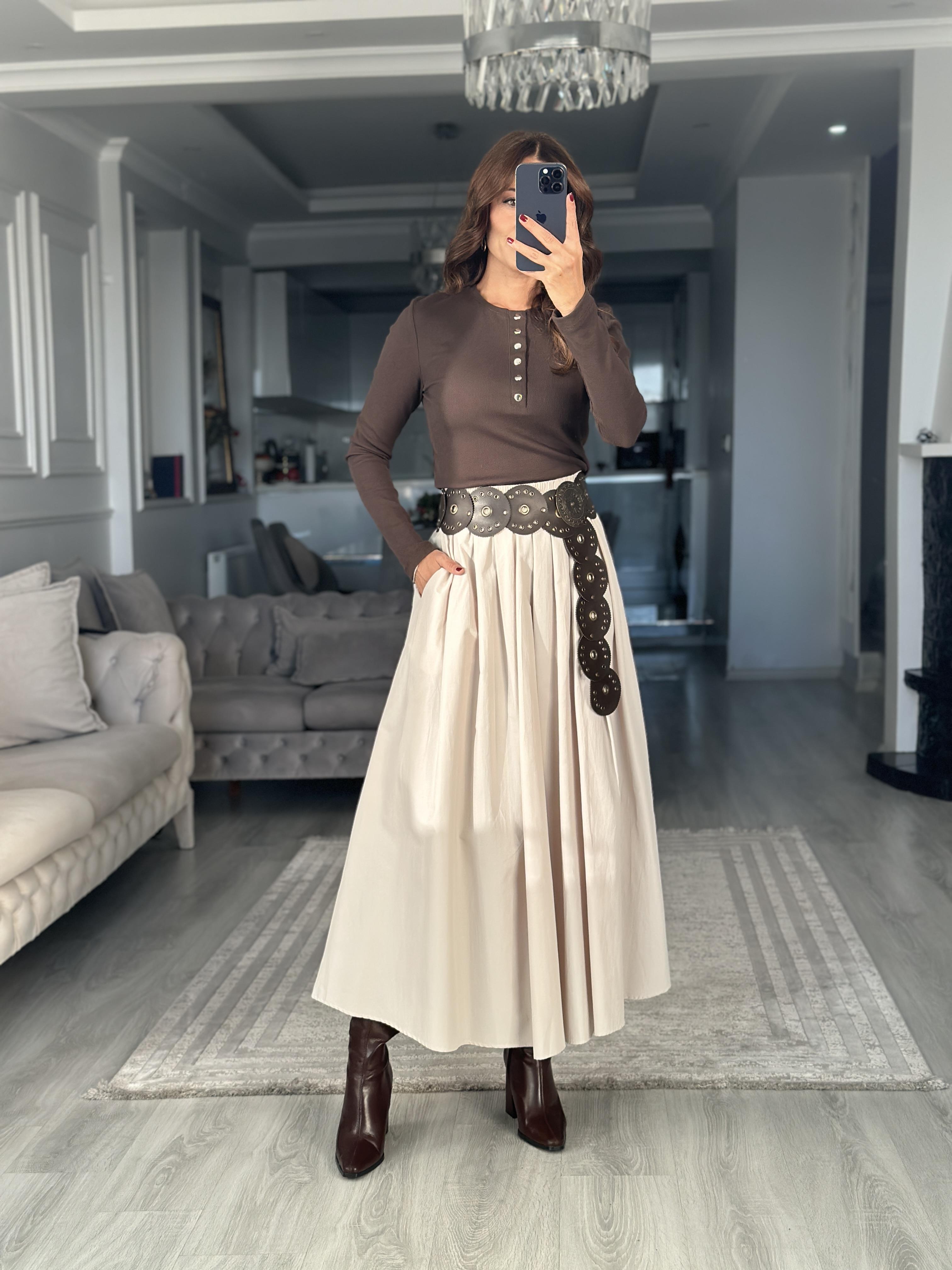 Taş Poplin Kumaş Cepli Midi Boy Kadın Etek