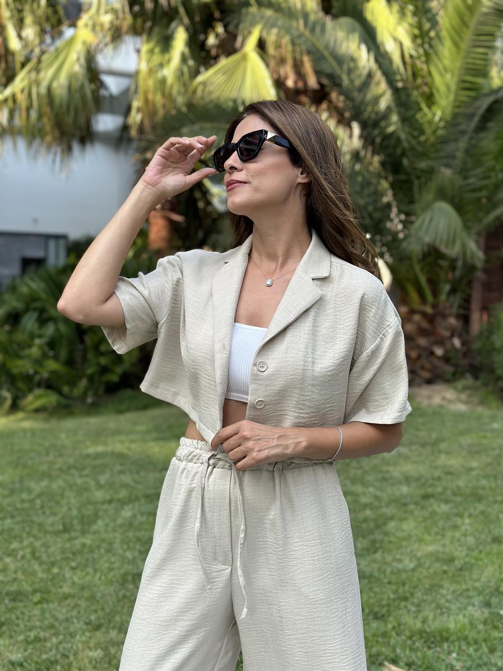 Taş Tin Tin Crop Gömlek Pantolon Kadın İkili Takım