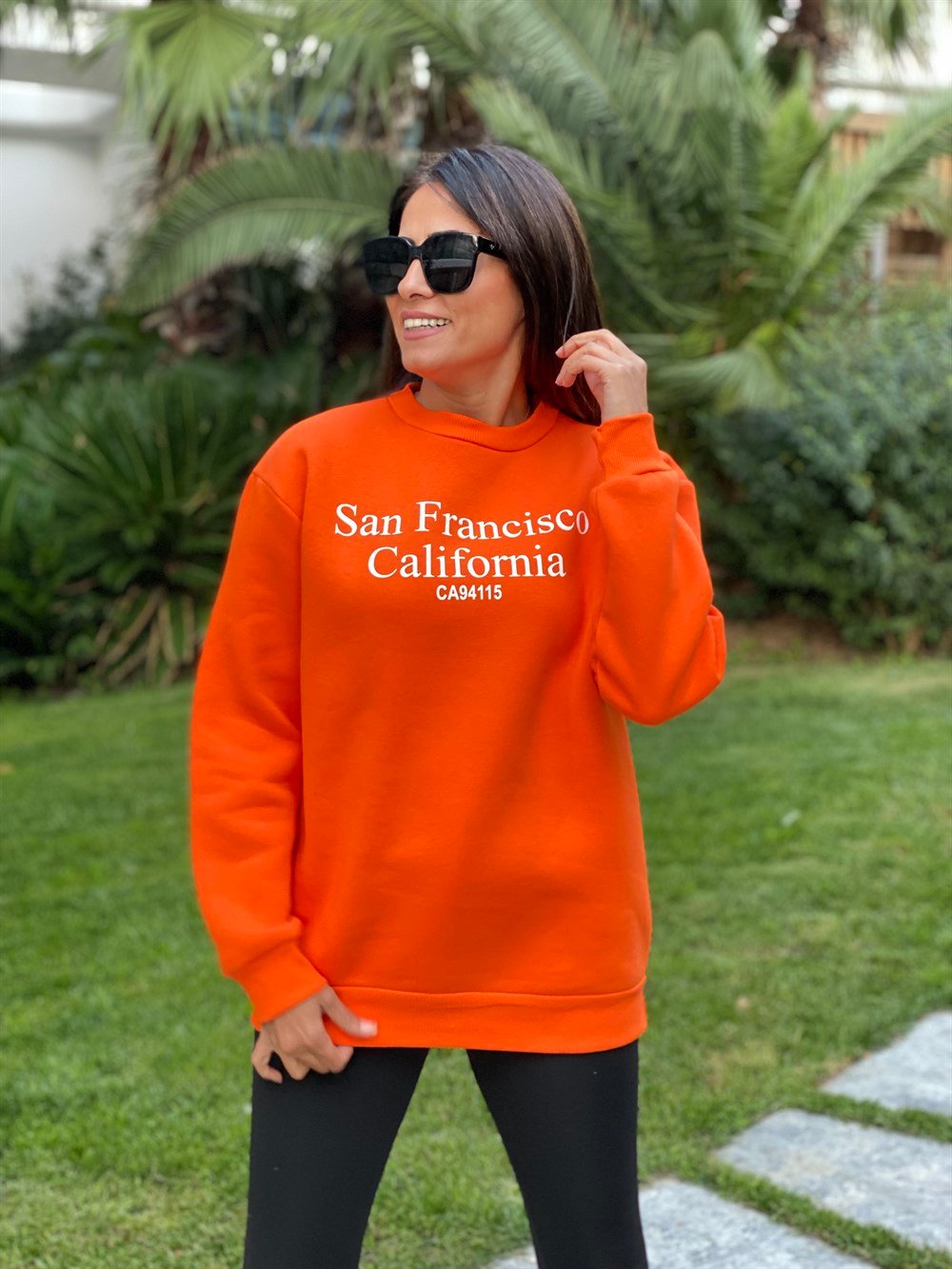 Turuncu San Bisiklet Yaka Kadın Sweatshirt