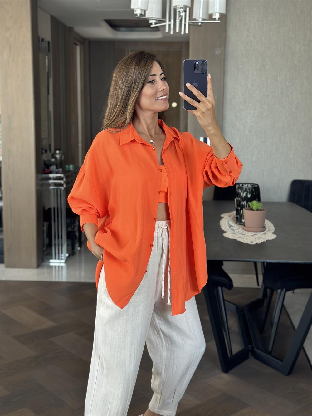 Turuncu Tensel  Oversize Kadın Gömlek