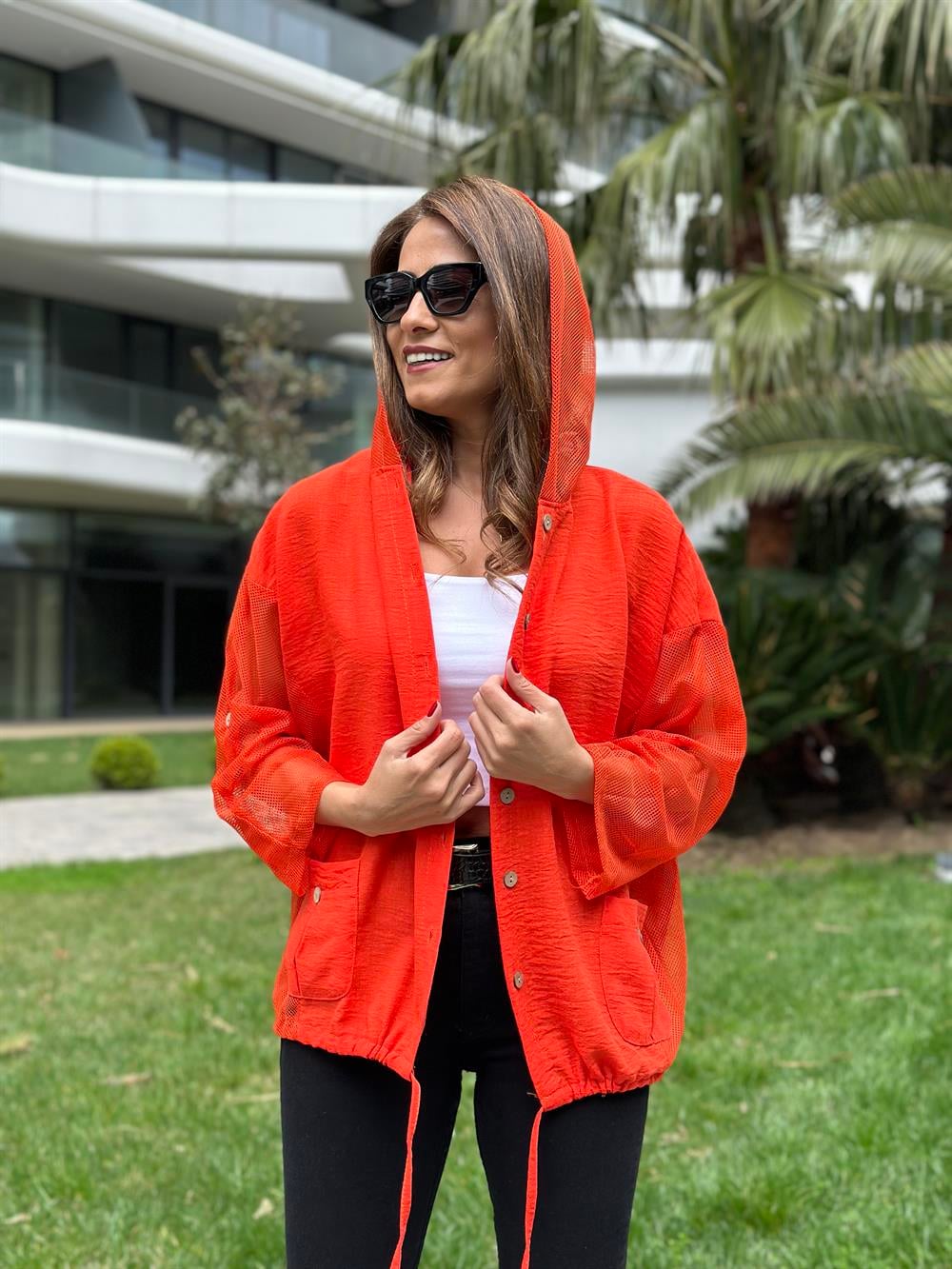 Turuncu Yan File Kapüşonlu Keten Aerobin Kadın Ceket