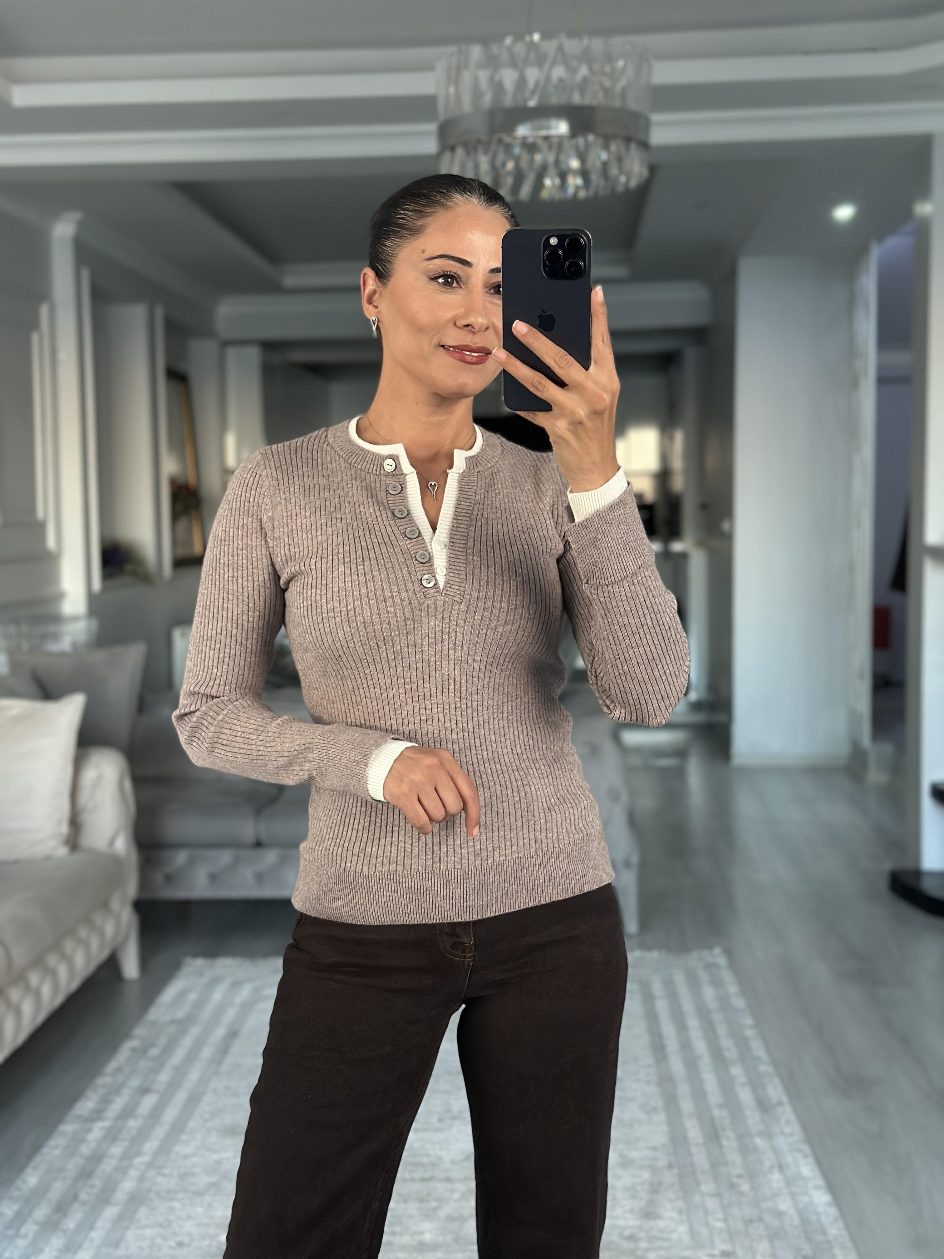 Vizon Çift Renk Ribanalı Fitilli Triko Kadın Bluz