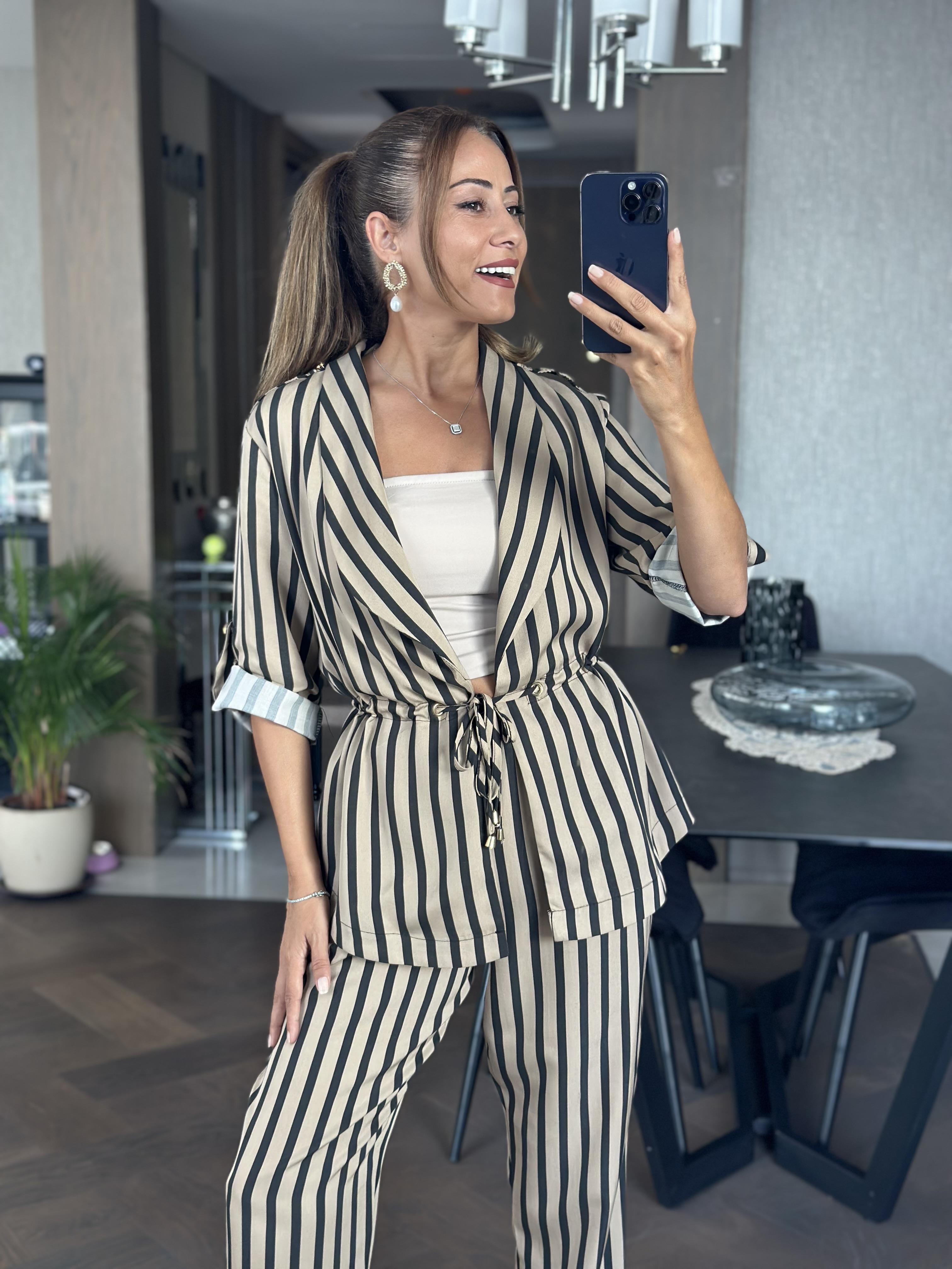 Vizon Çizgili Orjinal Marka Bağcık Detay Şal Yaka Ceket Pantolon Kadın Alt Üst Takım