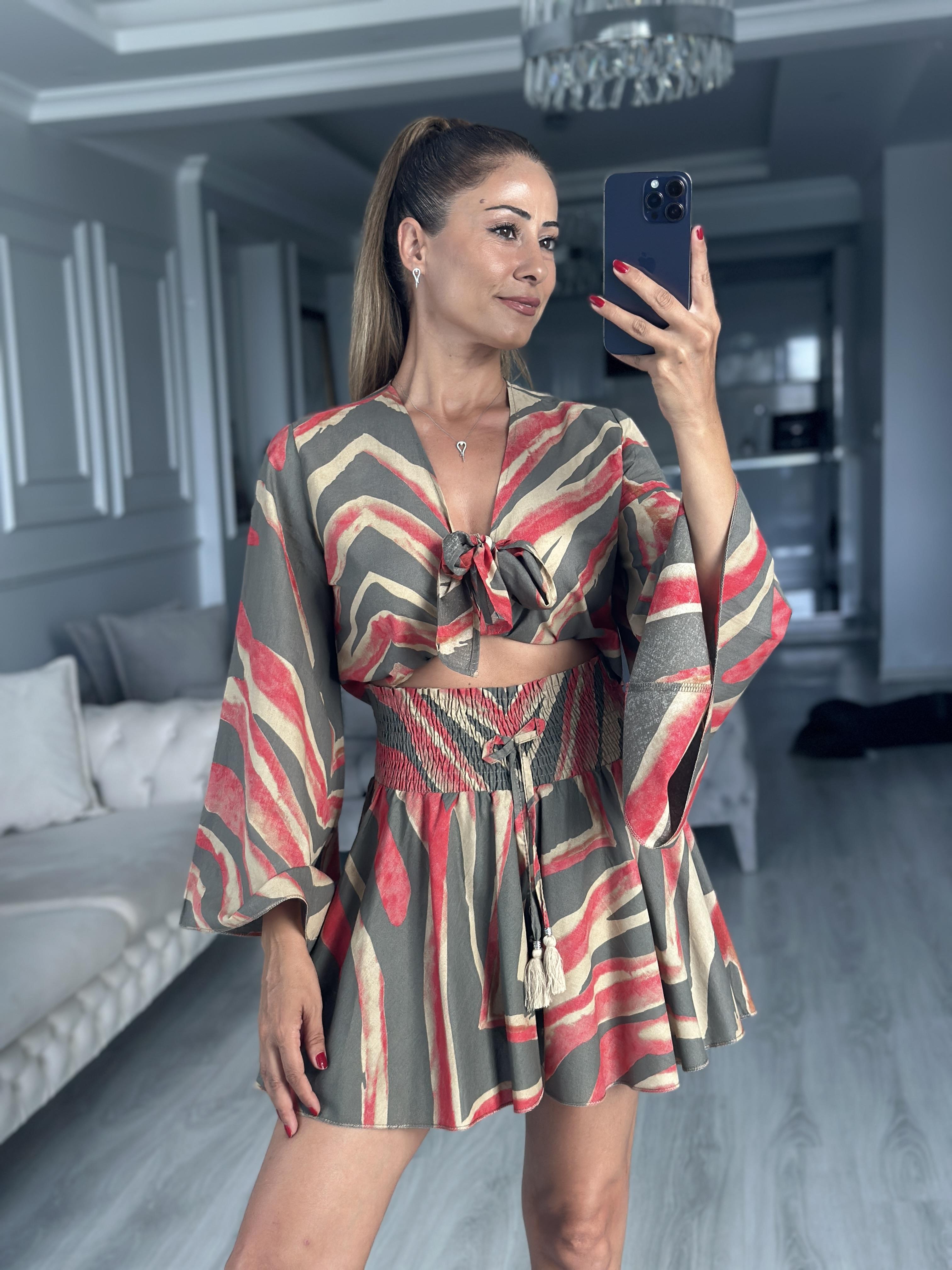 Vizon Desenli Bağlamalı Bluz Beli Gipeli Şort Kadın Alt Üst Takım