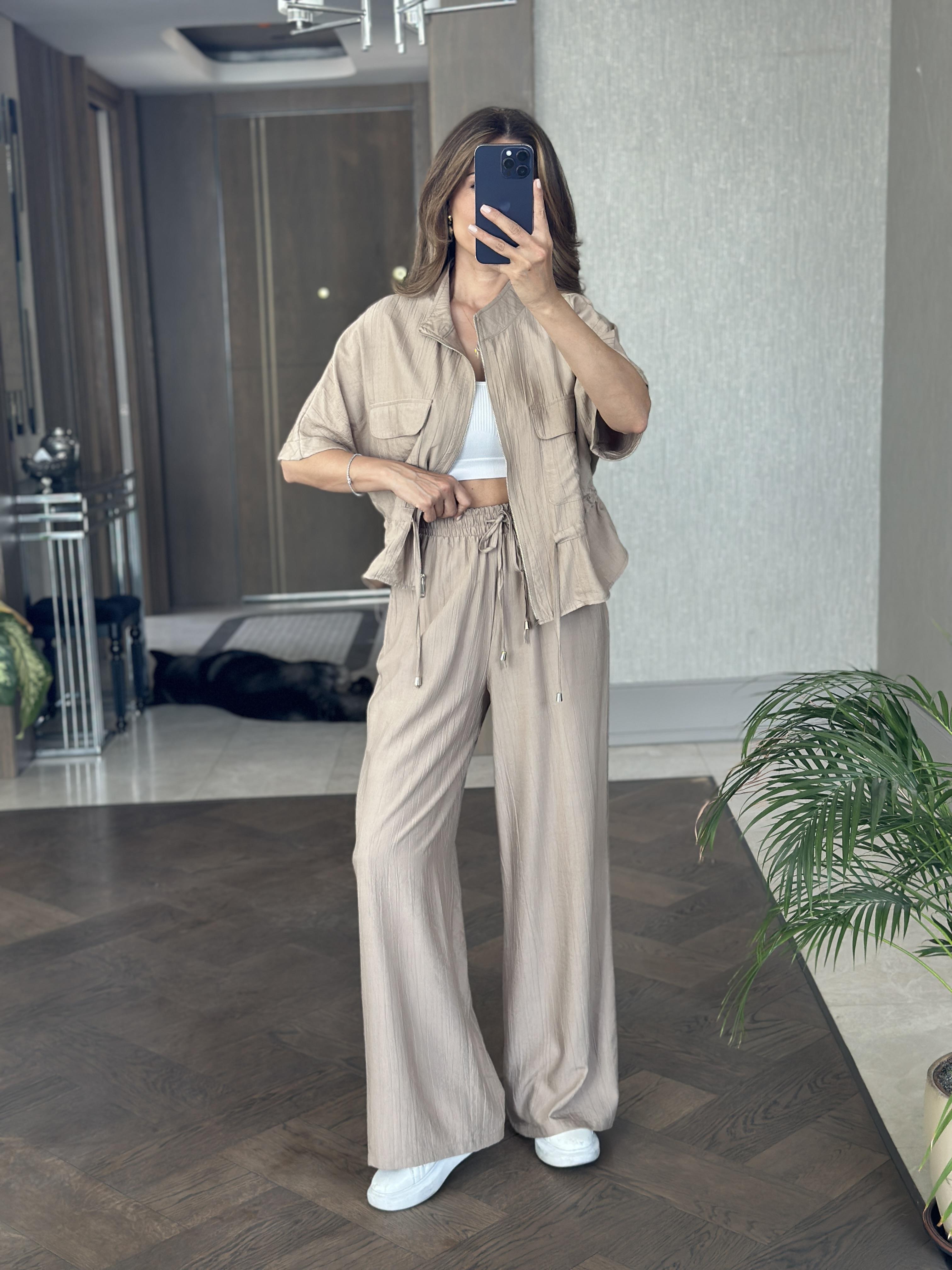 Vizon Dokulu Beli Bağcıklı Ceket Pantolon Kadın Alt Üst Takım
