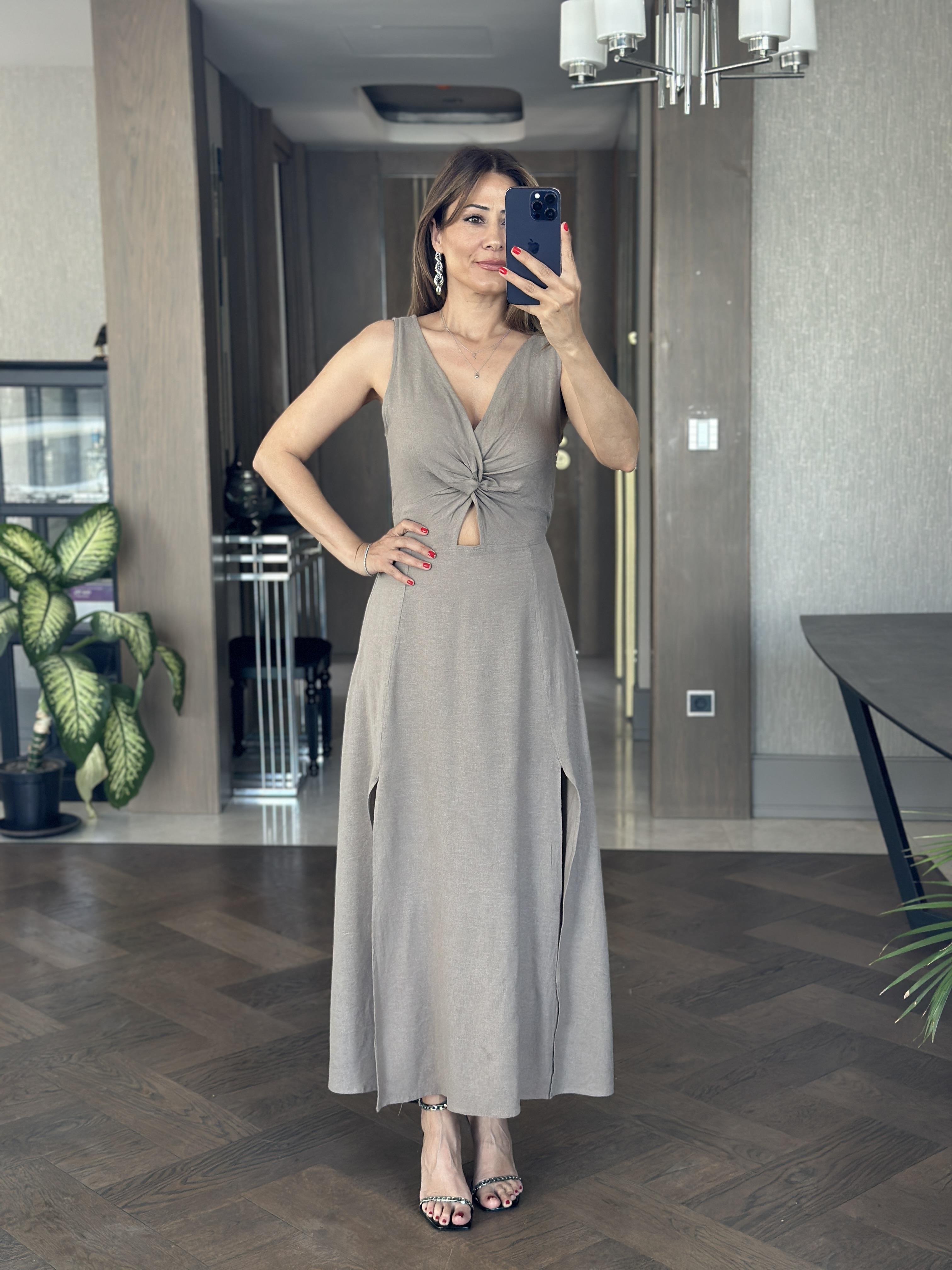 Vizon Keten Önü Düğüm Detay Arka Beli Lastikli Sıfır Kol Yırtmaçlı Midi Boy Kadın Elbise 