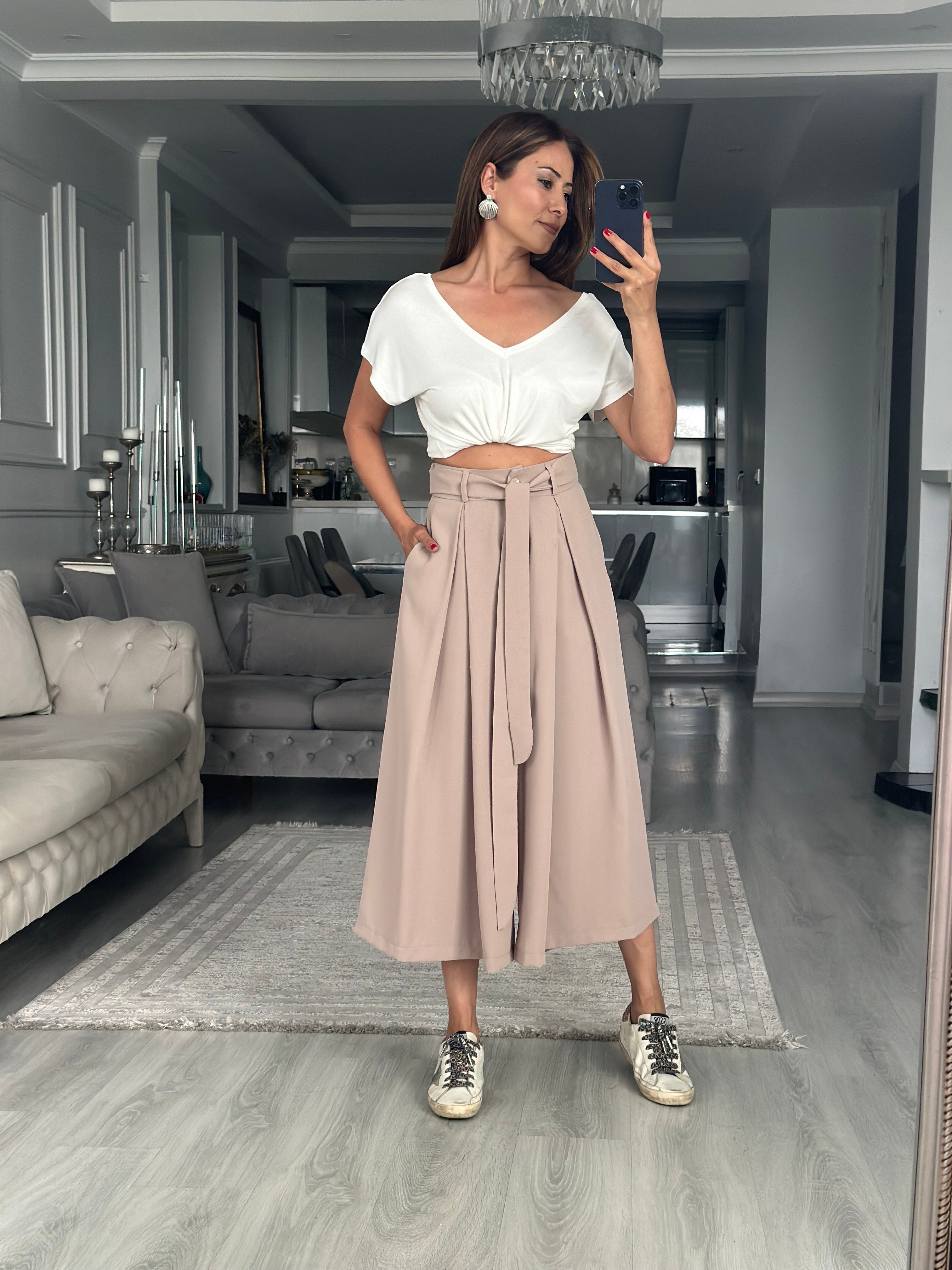 Vizon Krep Kumaş Arka Beli Lastikli Kadın Etek Pantolon