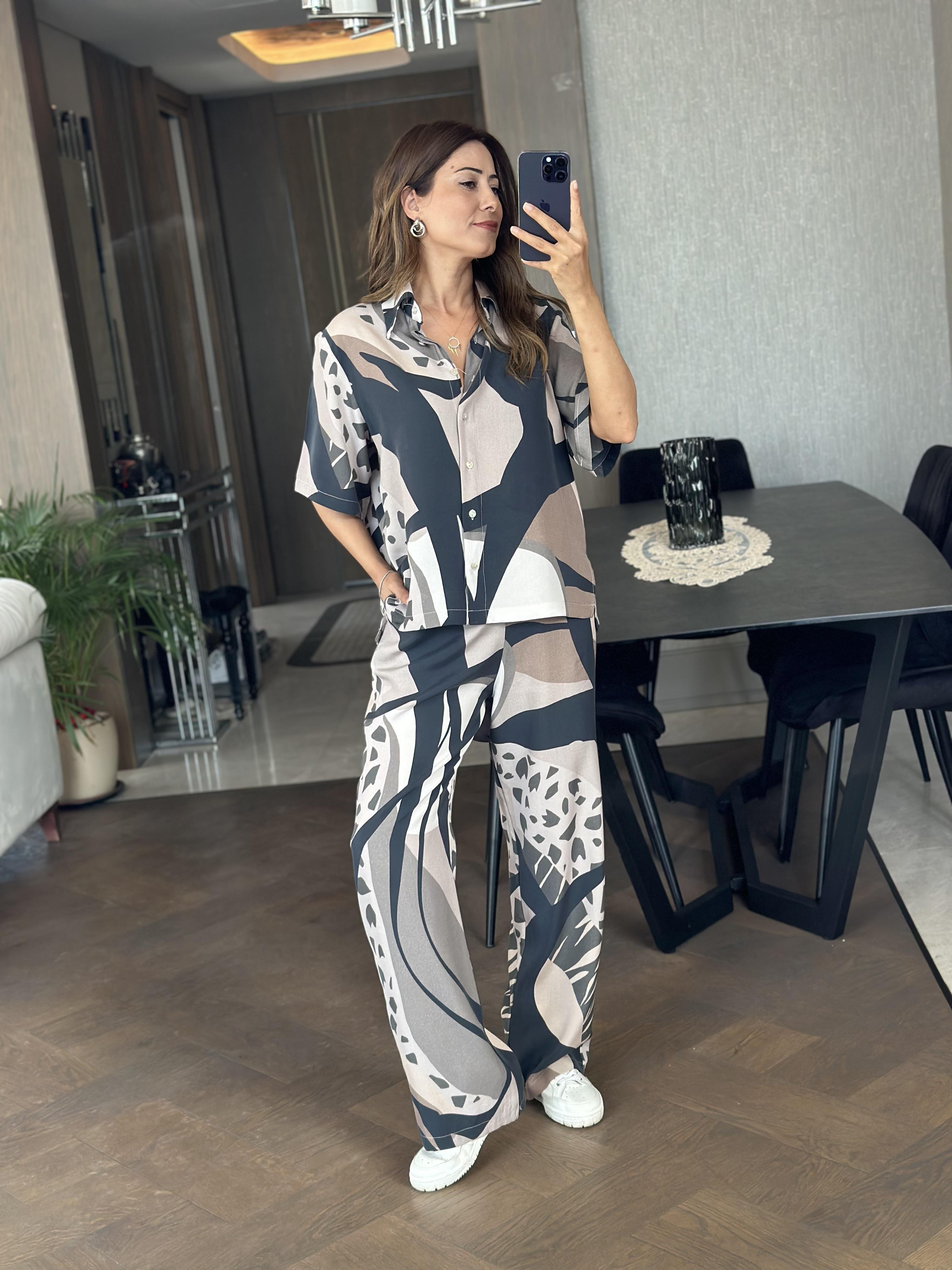 Vizon Lacivert Desen Kısa Kol Gömlek Pantolon Kadın Alt Üst Takım